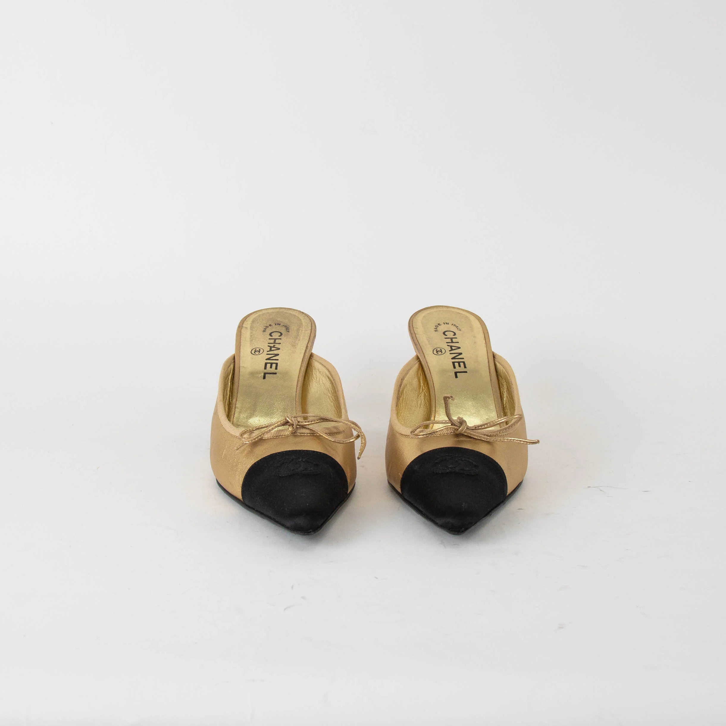 Chanel Gold Leather Black Toe Heeled Mules - Image 3