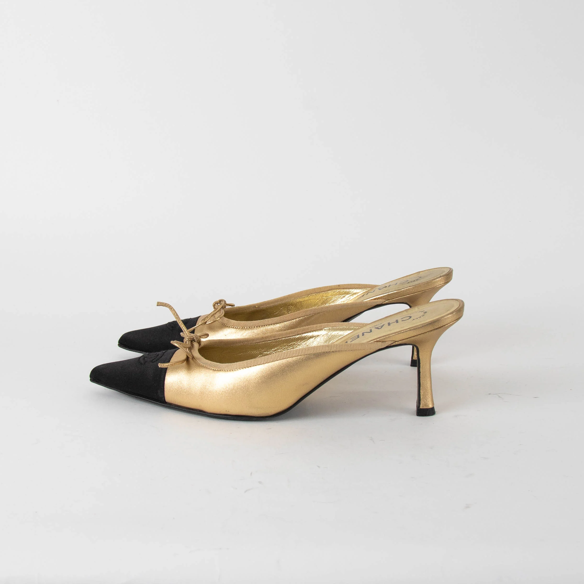 Chanel Gold Leather Black Toe Heeled Mules - Image 4