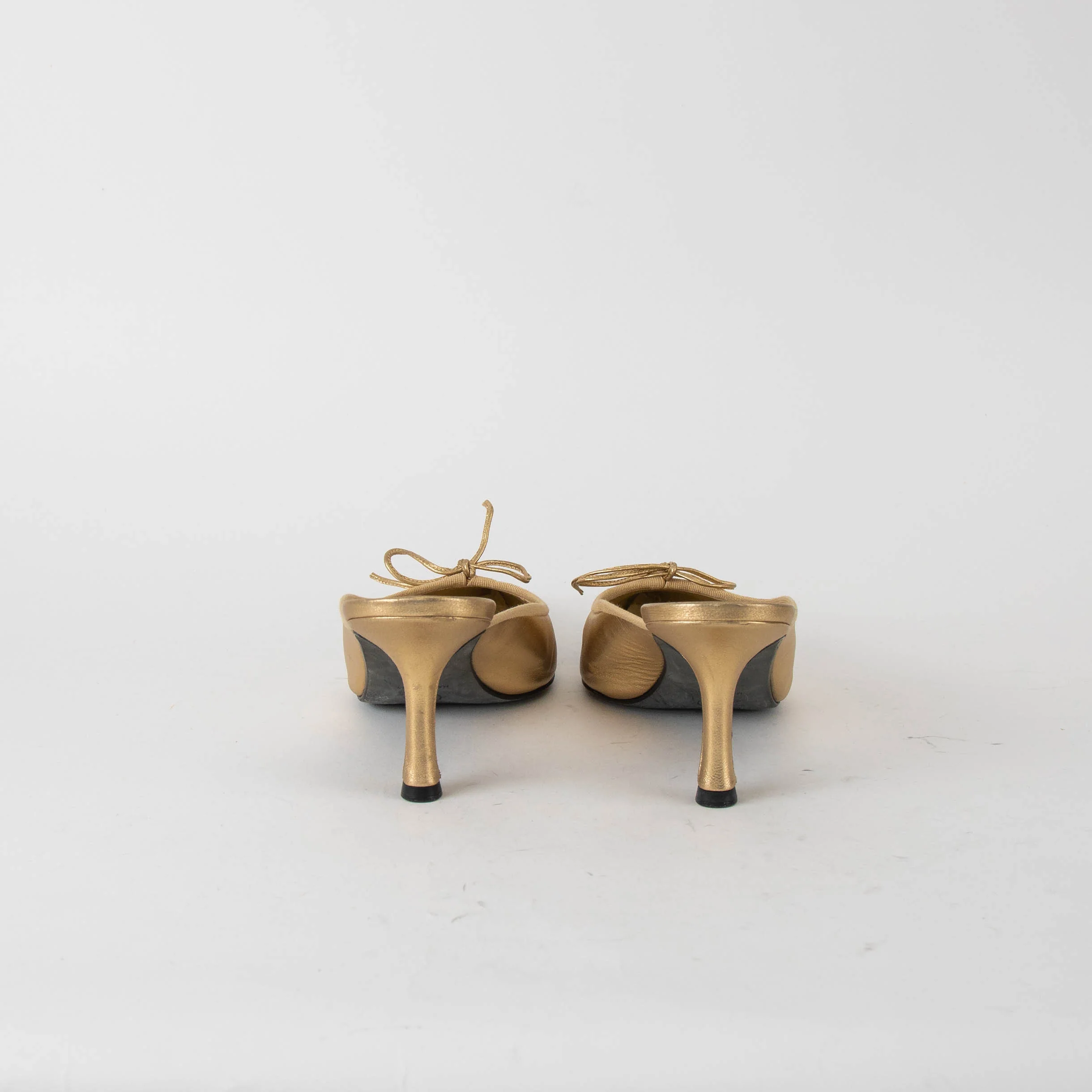 Chanel Gold Leather Black Toe Heeled Mules - Image 5