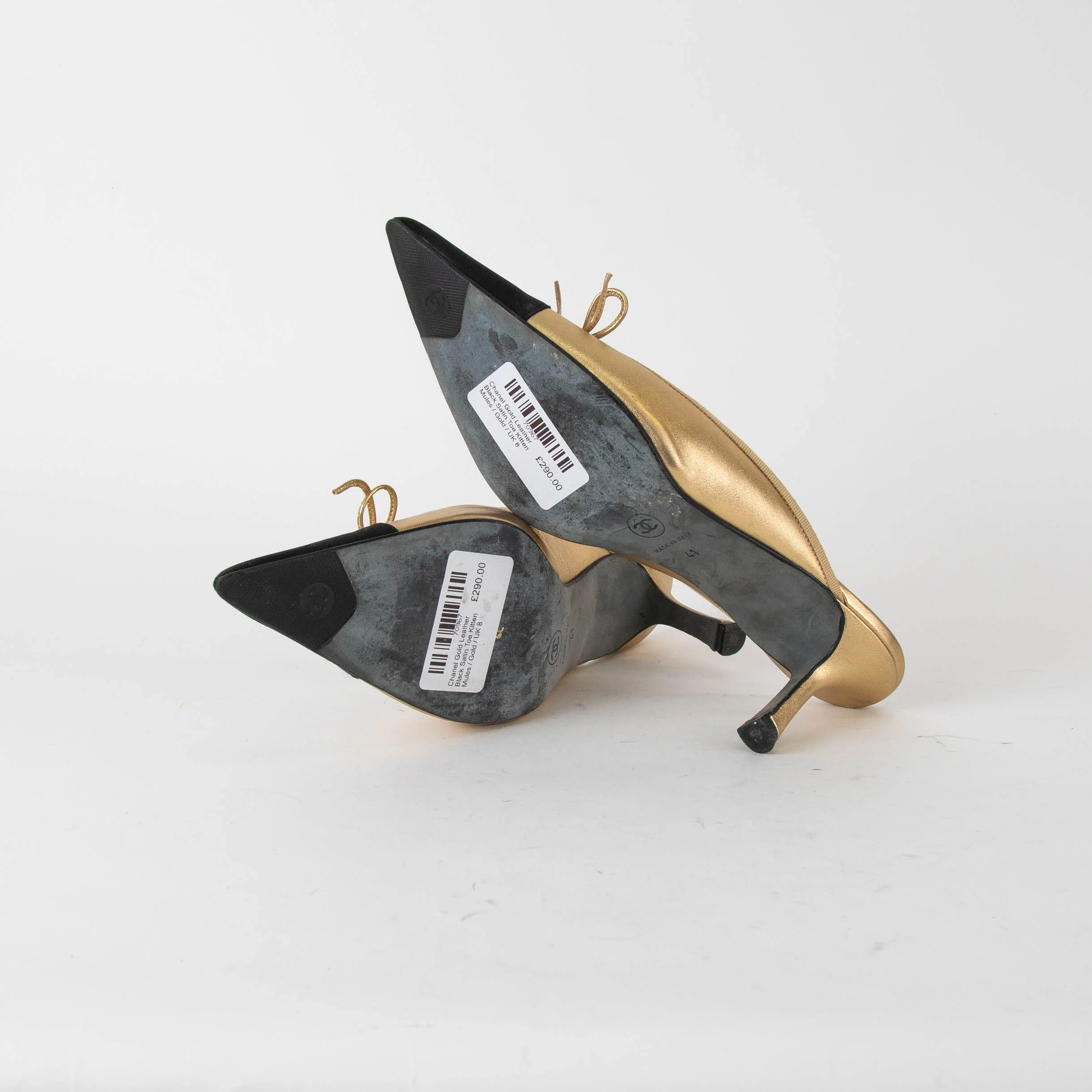 Chanel Gold Leather Black Toe Heeled Mules - Image 7