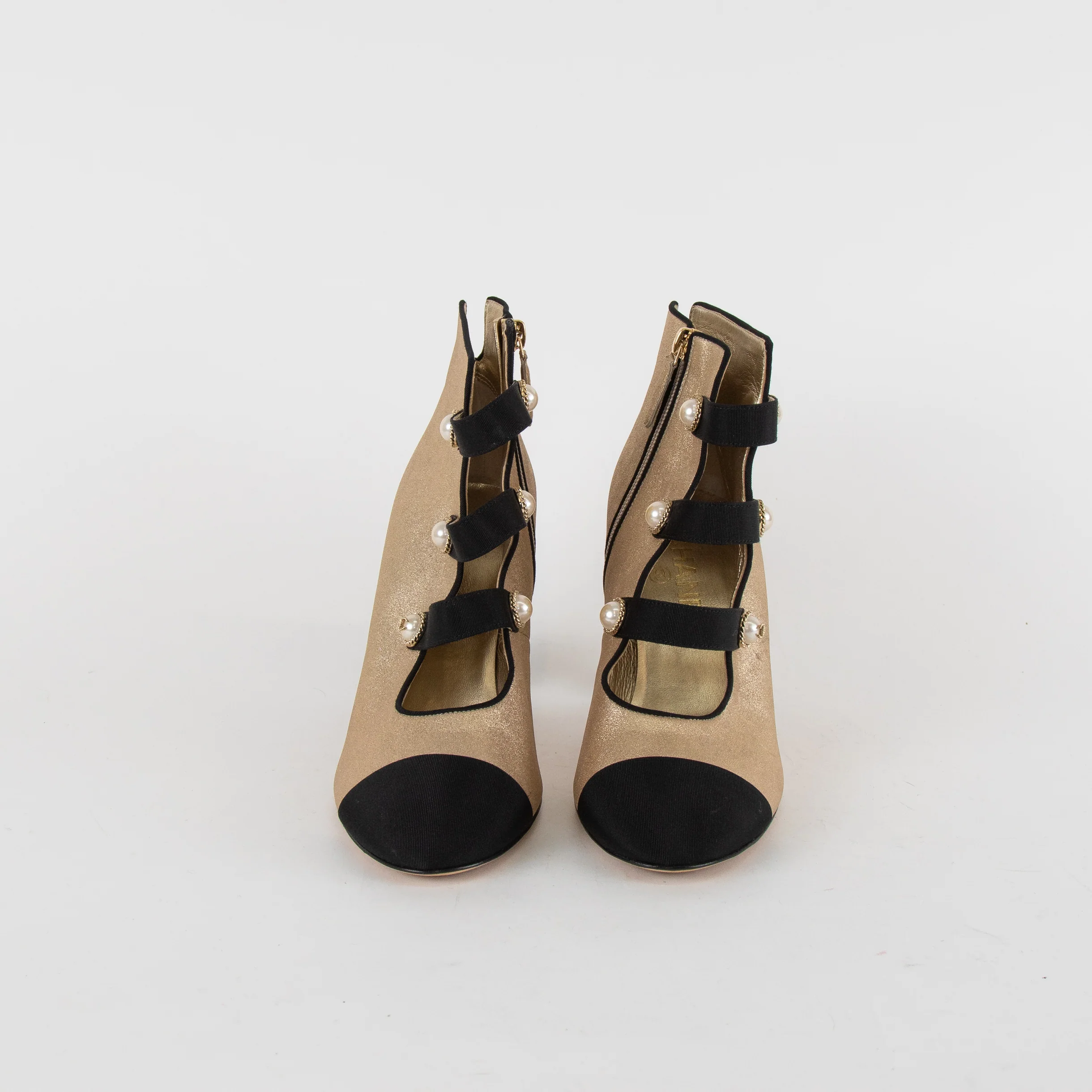 Chanel Gold Metallic Leather Pearl CC Black Toe Ankle Boots - Image 3