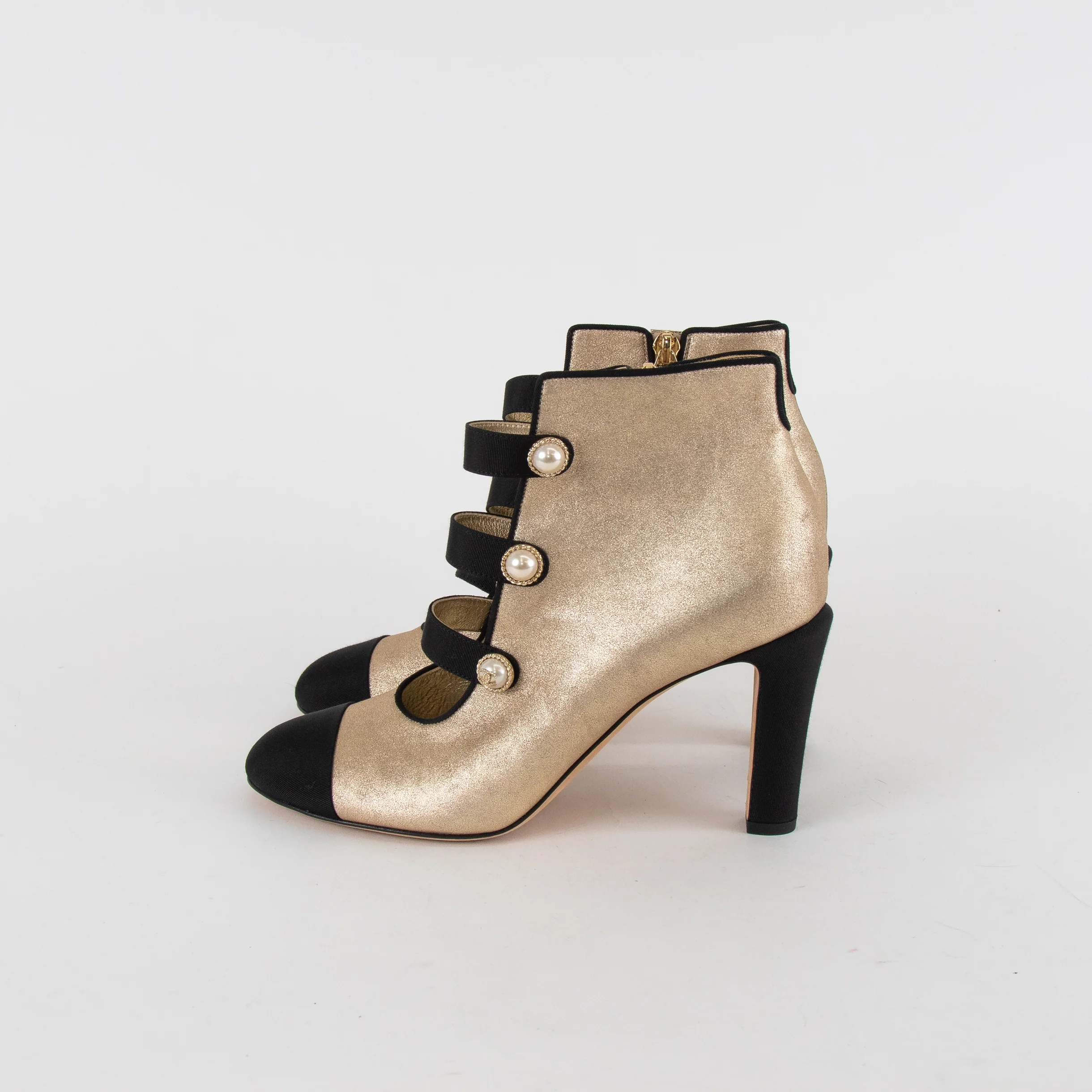 Chanel Gold Metallic Leather Pearl CC Black Toe Ankle Boots - Image 4