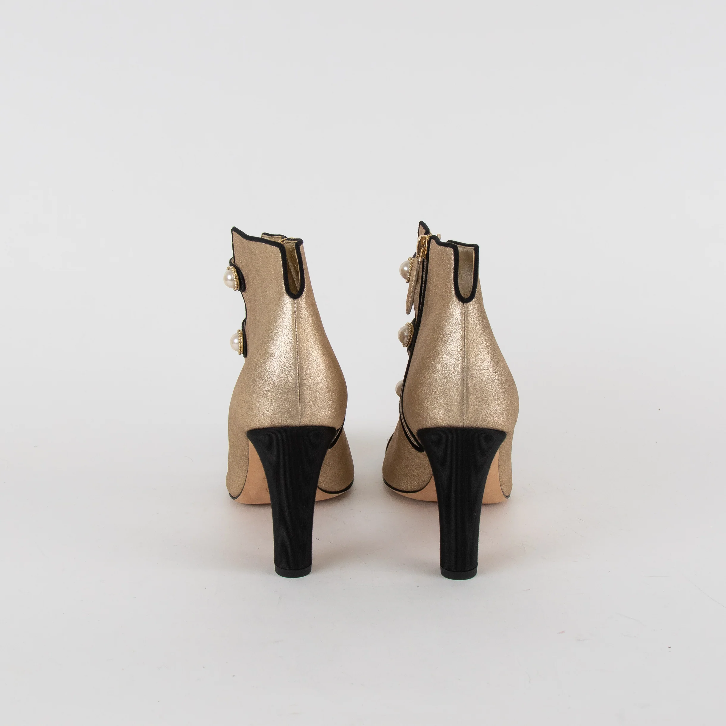 Chanel Gold Metallic Leather Pearl CC Black Toe Ankle Boots - Image 5