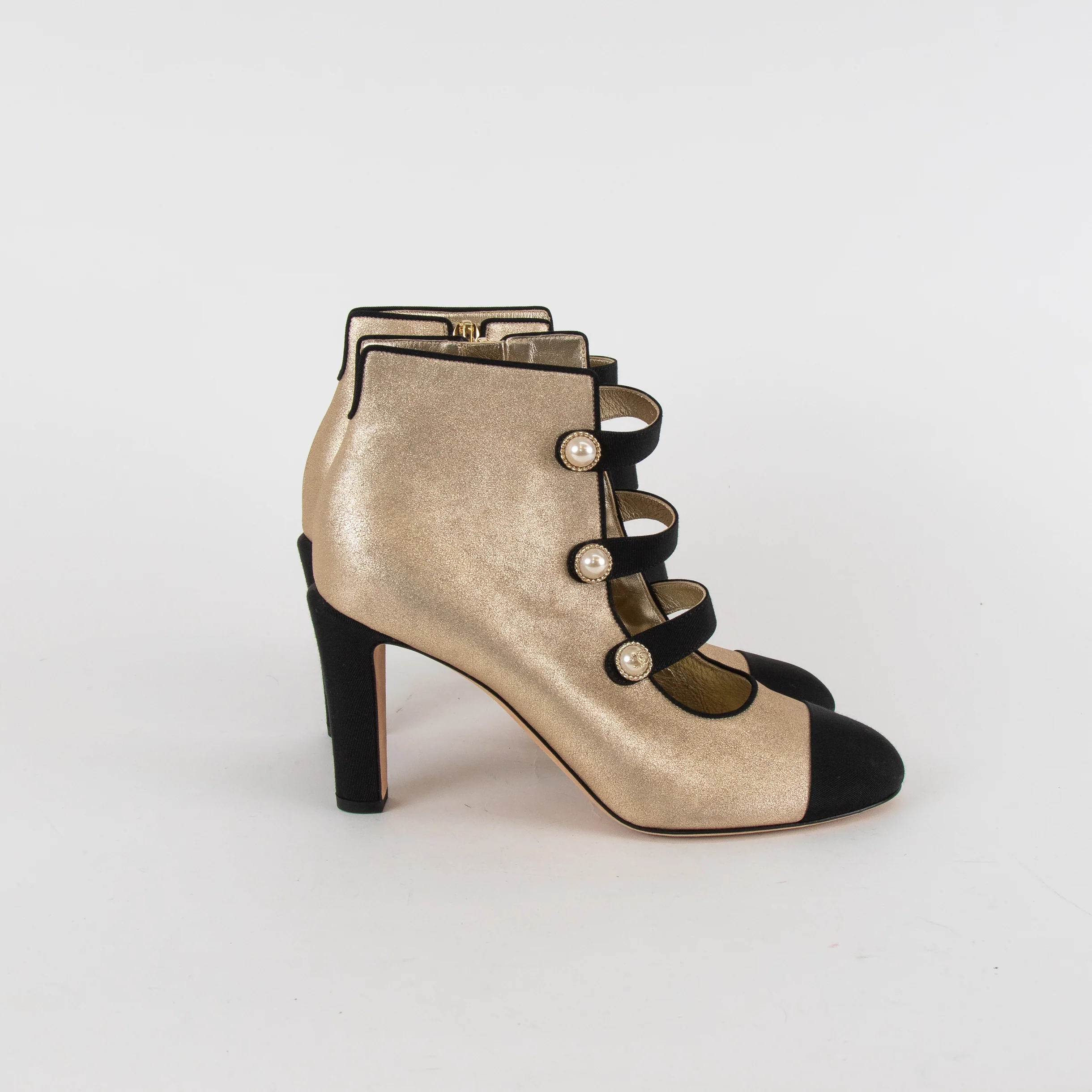 Chanel Gold Metallic Leather Pearl CC Black Toe Ankle Boots - Image 6