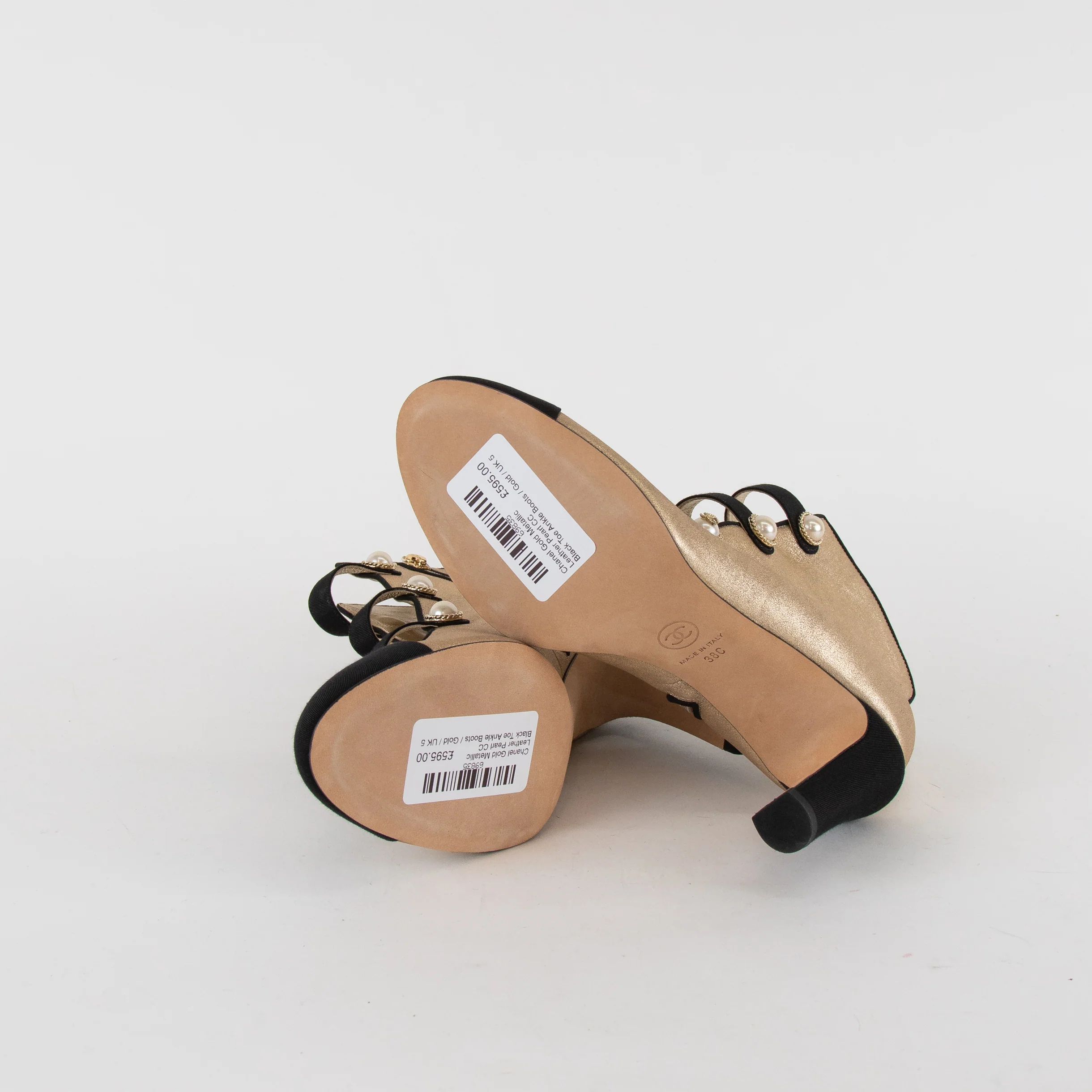Chanel Gold Metallic Leather Pearl CC Black Toe Ankle Boots - Image 7