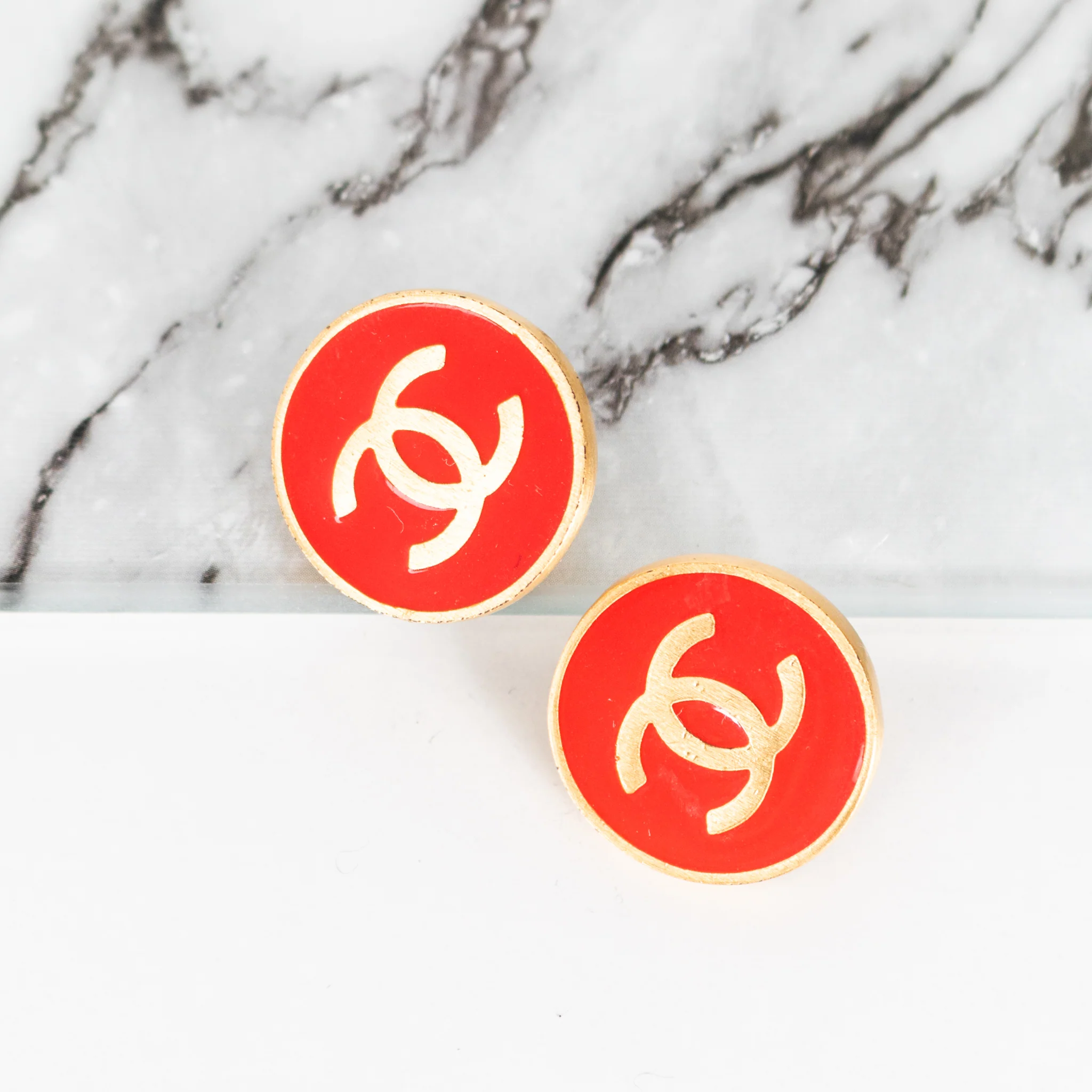 Chanel Gold Red Enamel Button Clip On Earrings - Image 2