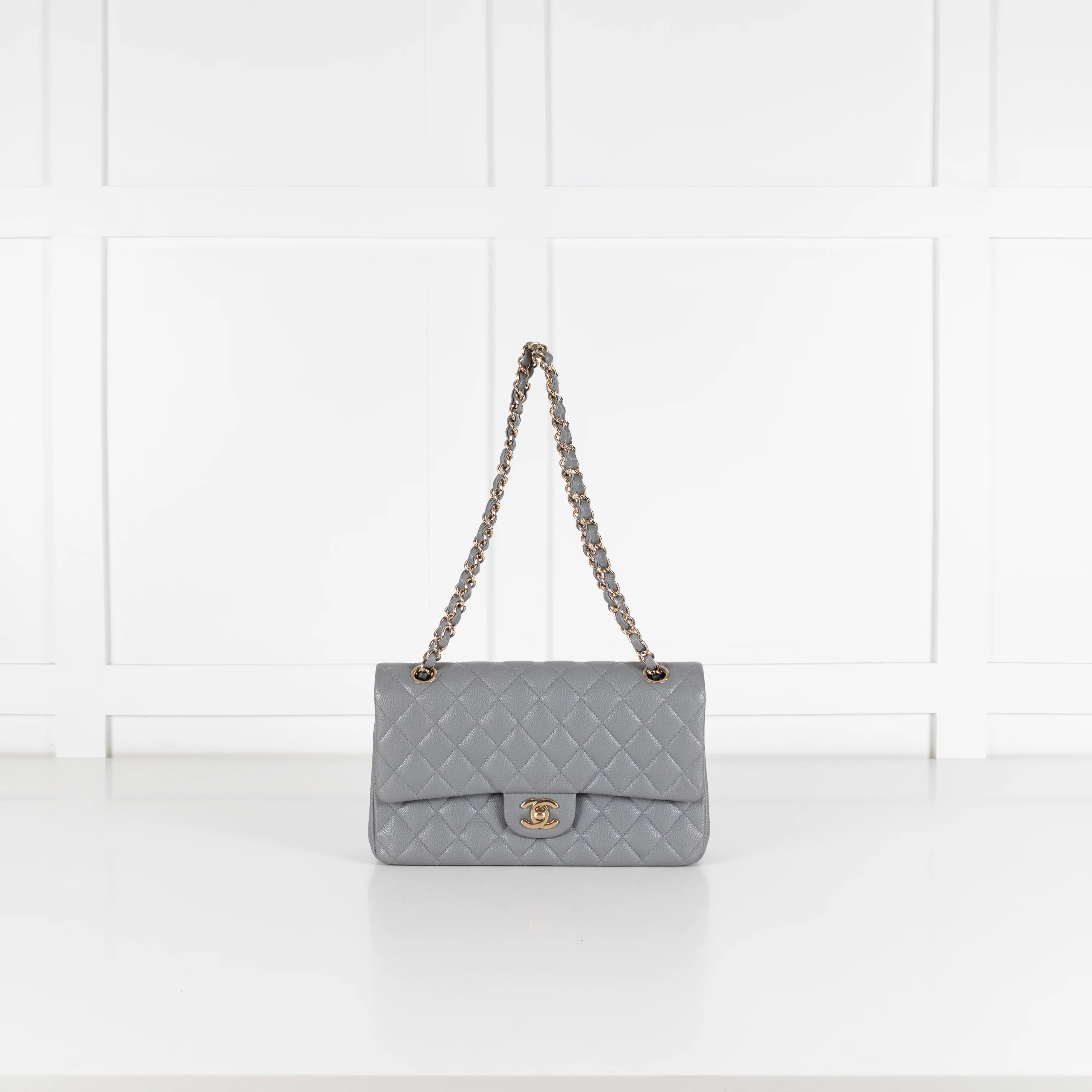 Chanel Grey Caviar Leather Champagne Gold Hardware Medium Double Flap Bag