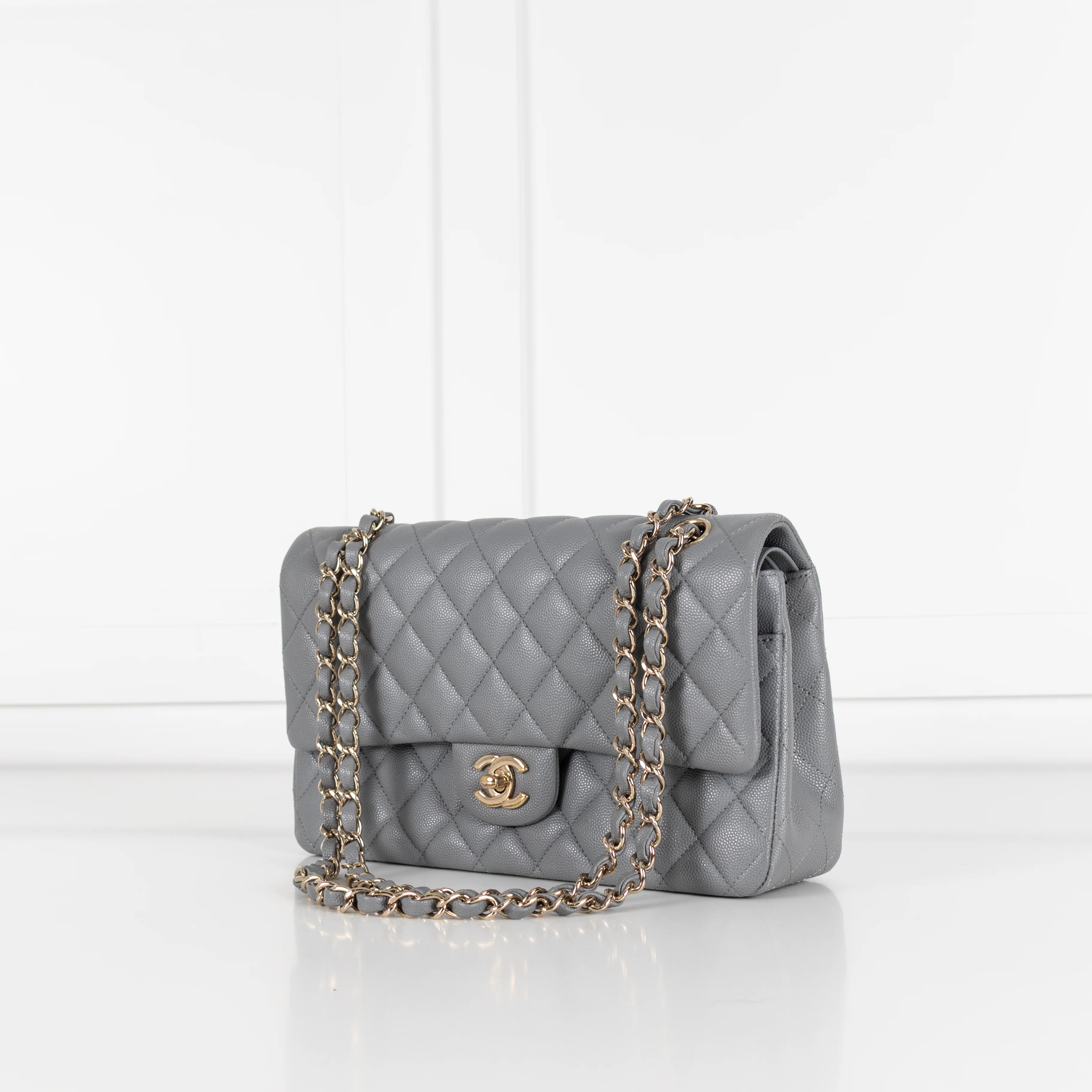 Chanel Grey Caviar Leather Champagne Gold Hardware Medium Double Flap Bag - Image 10