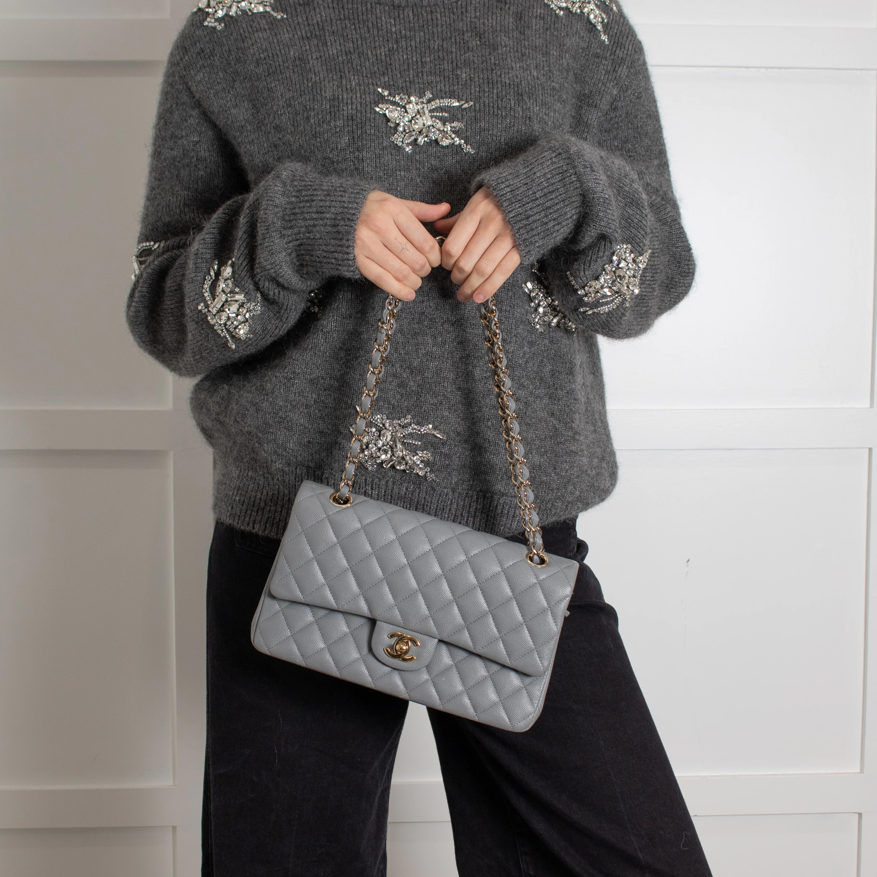Chanel Grey Caviar Leather Champagne Gold Hardware Medium Double Flap Bag - Image 11