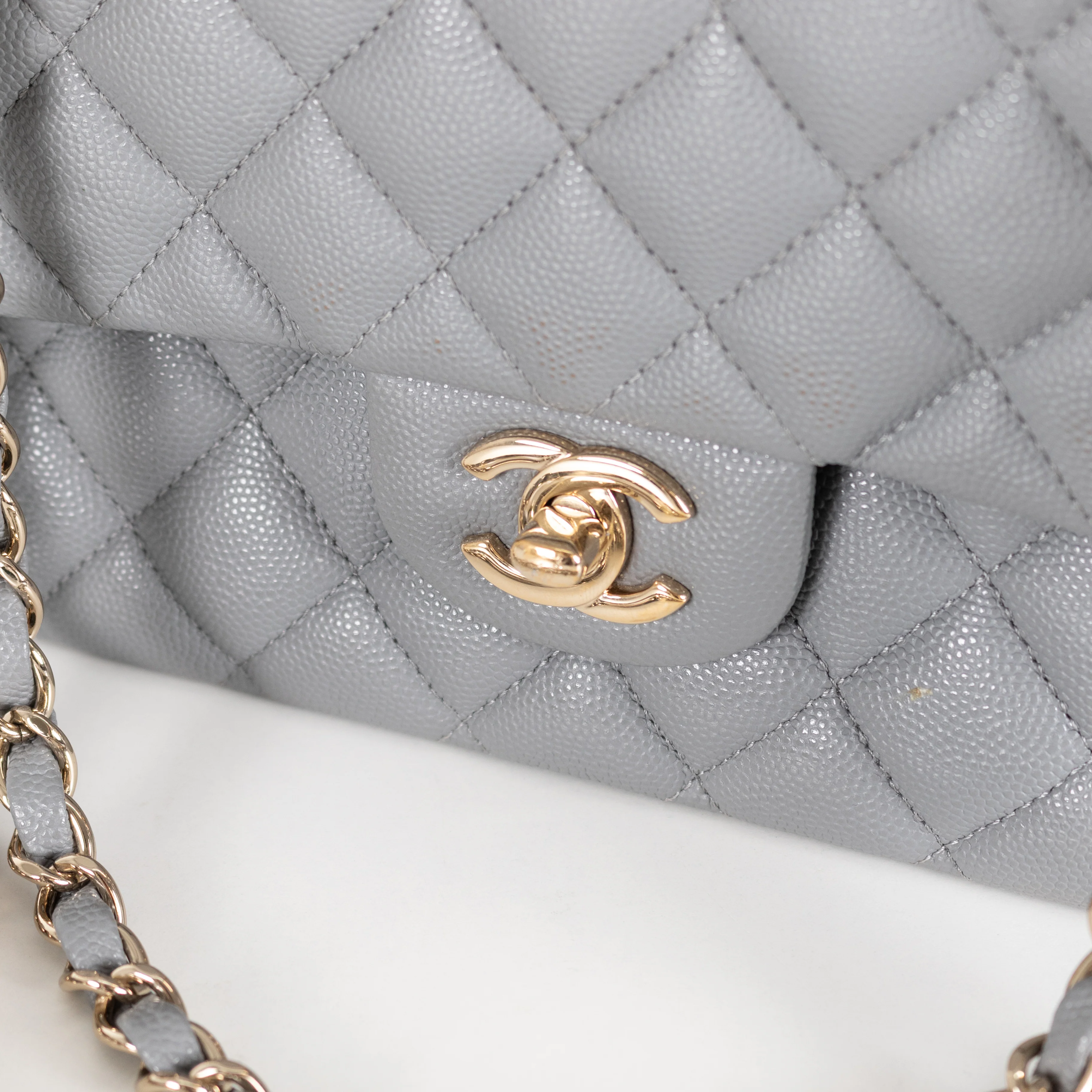 Chanel Grey Caviar Leather Champagne Gold Hardware Medium Double Flap Bag - Image 12