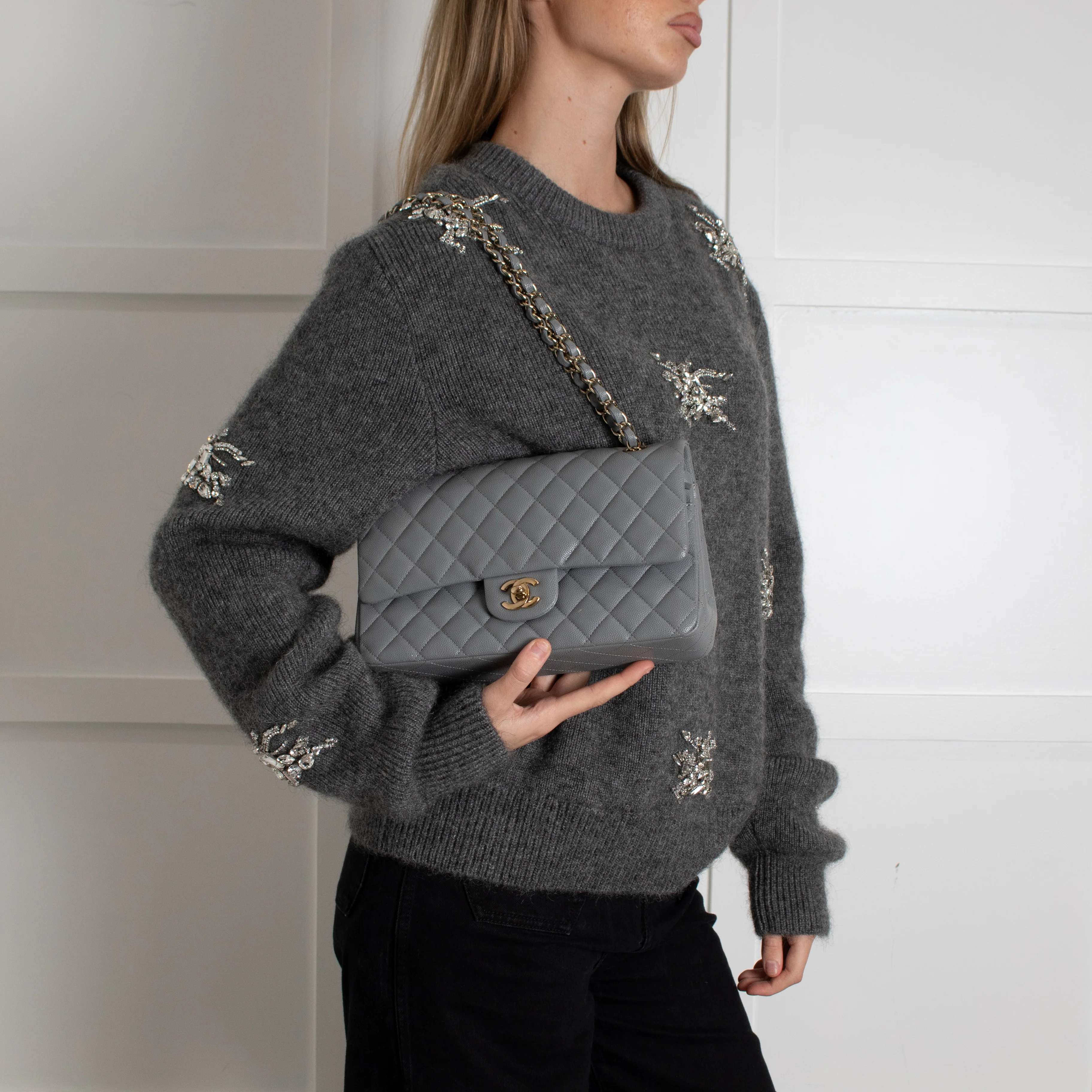 Chanel Grey Caviar Leather Champagne Gold Hardware Medium Double Flap Bag - Image 7