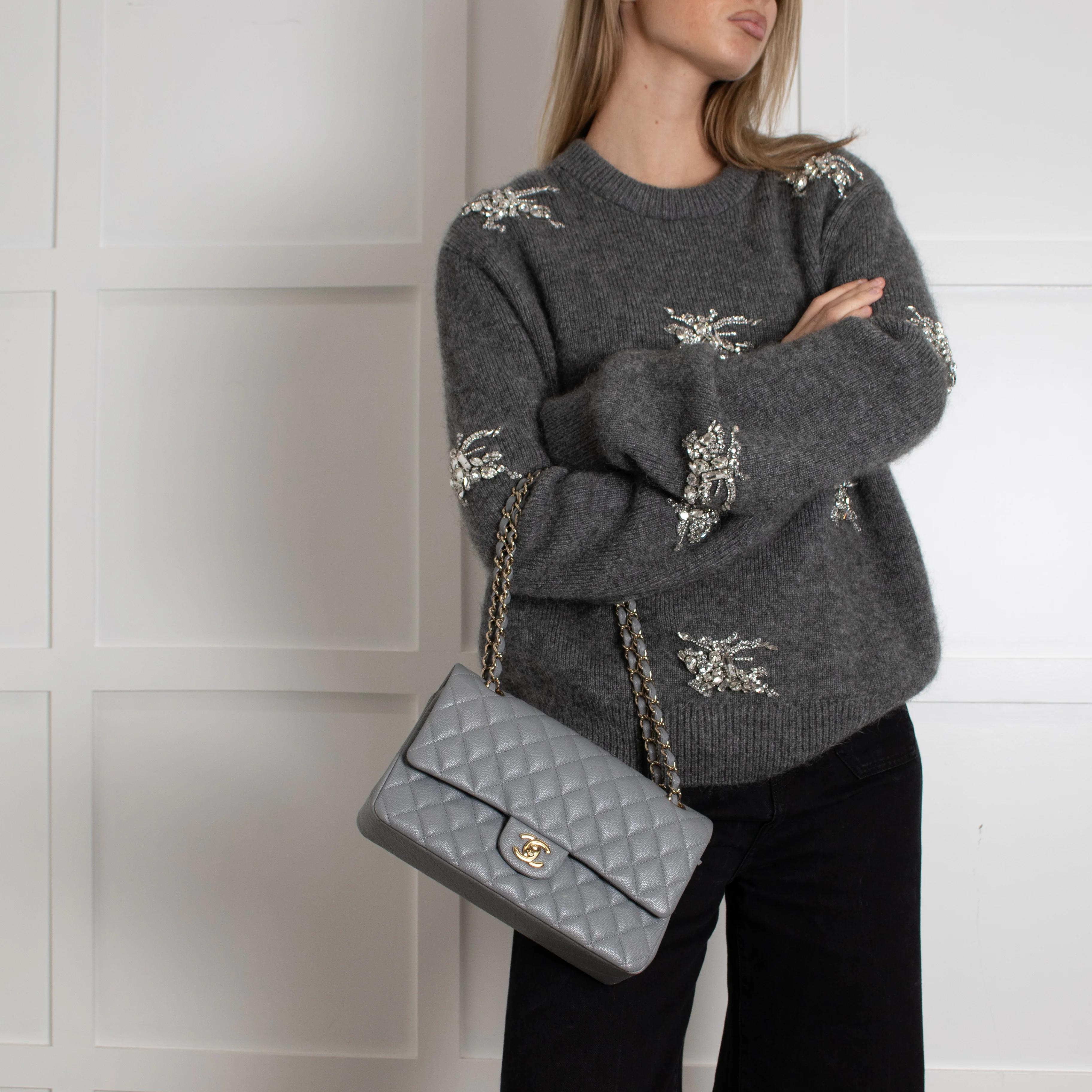 Chanel Grey Caviar Leather Champagne Gold Hardware Medium Double Flap Bag - Image 9
