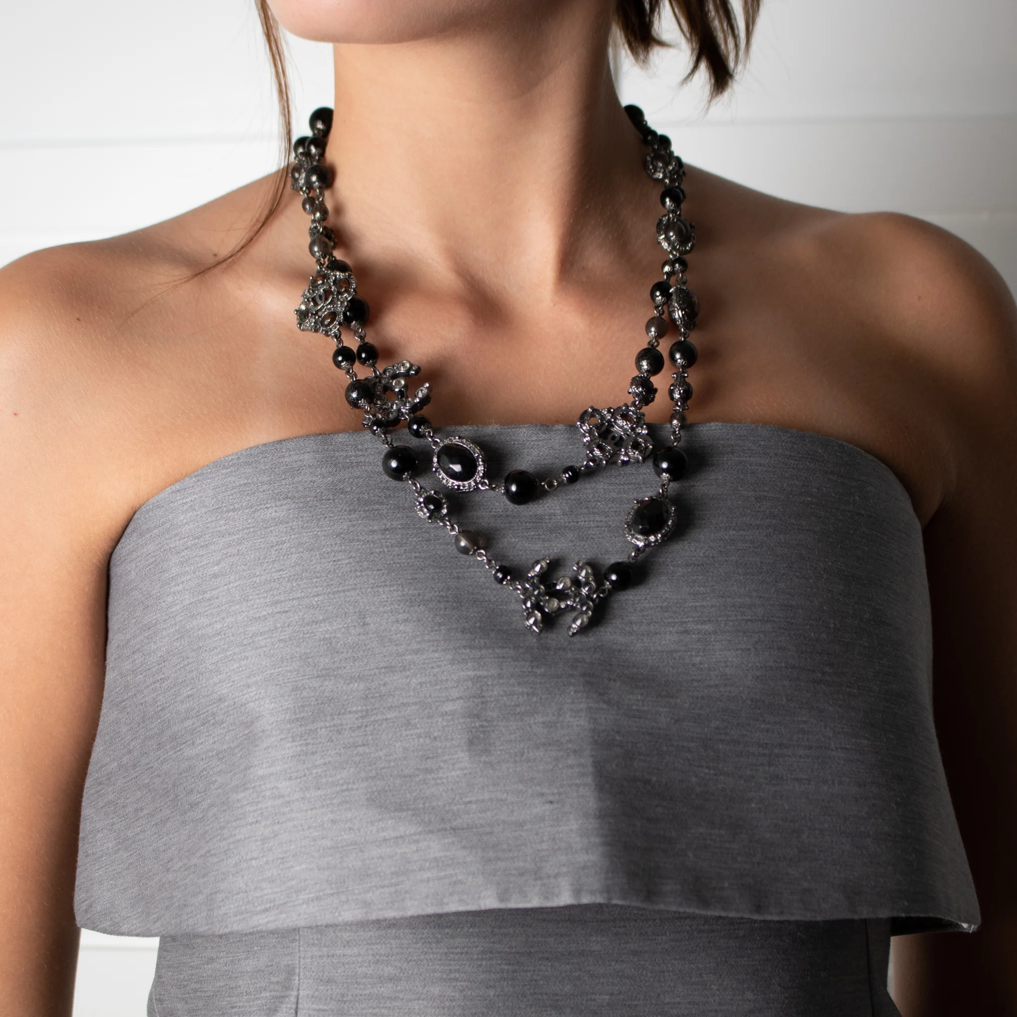 Chanel Gunmetal Silver Pearl Diamante CC Long Necklace - Image 2