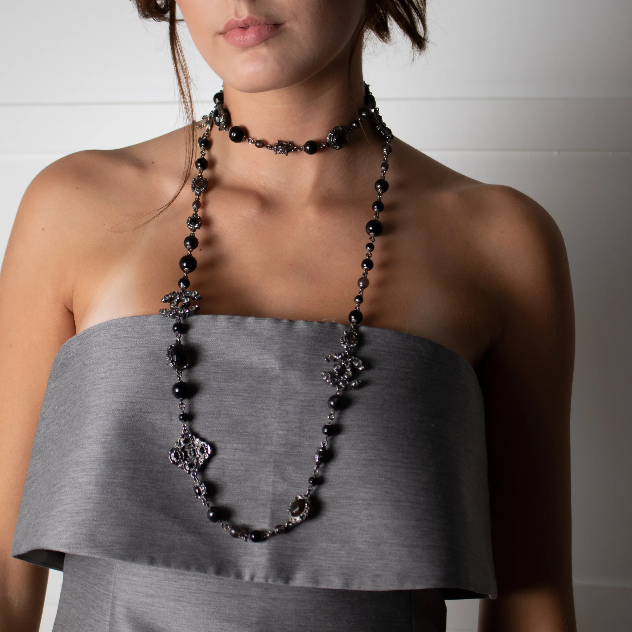 Chanel Gunmetal Silver Pearl Diamante CC Long Necklace - Image 4