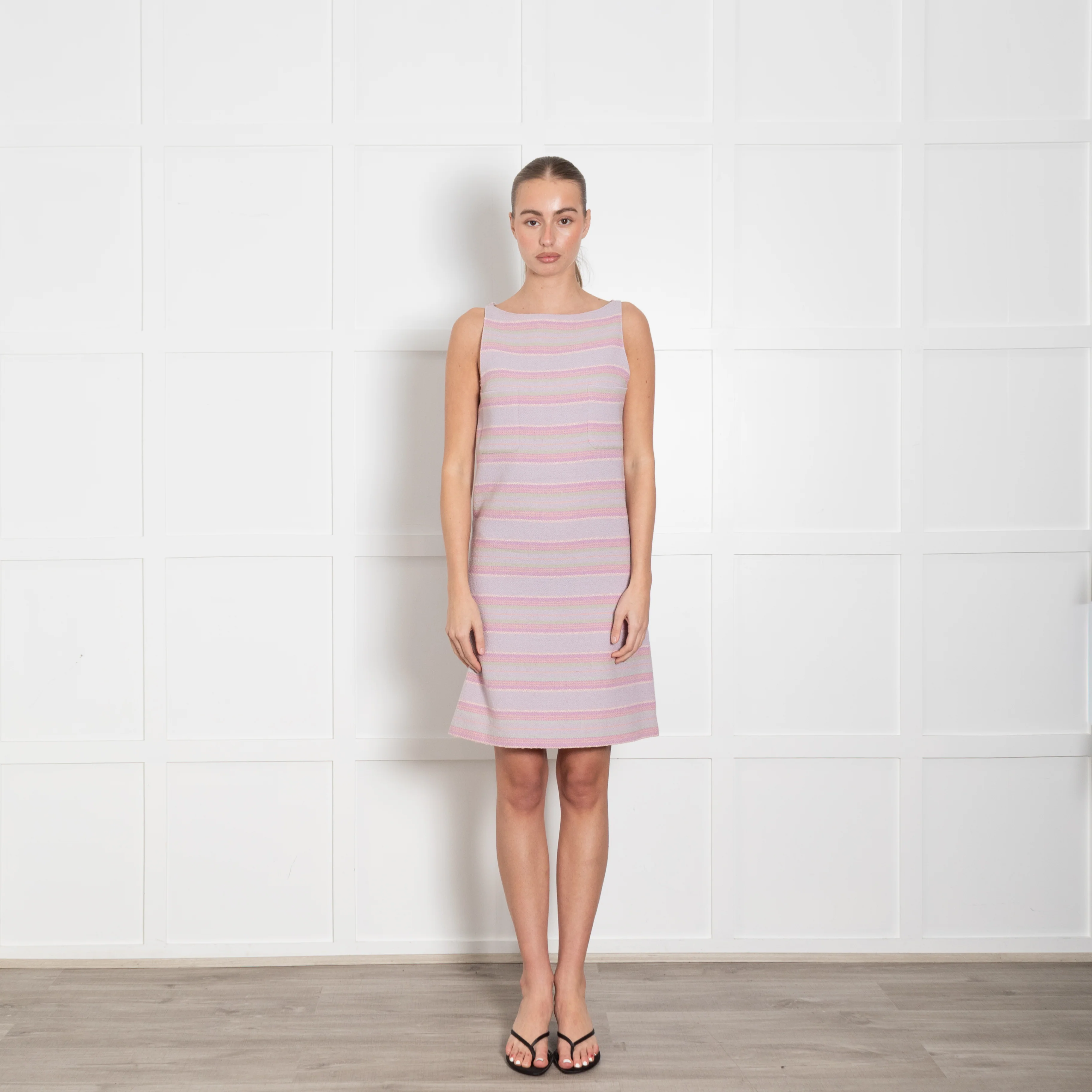 Chanel Lilac Green Orange Striped Sleeveless Dress