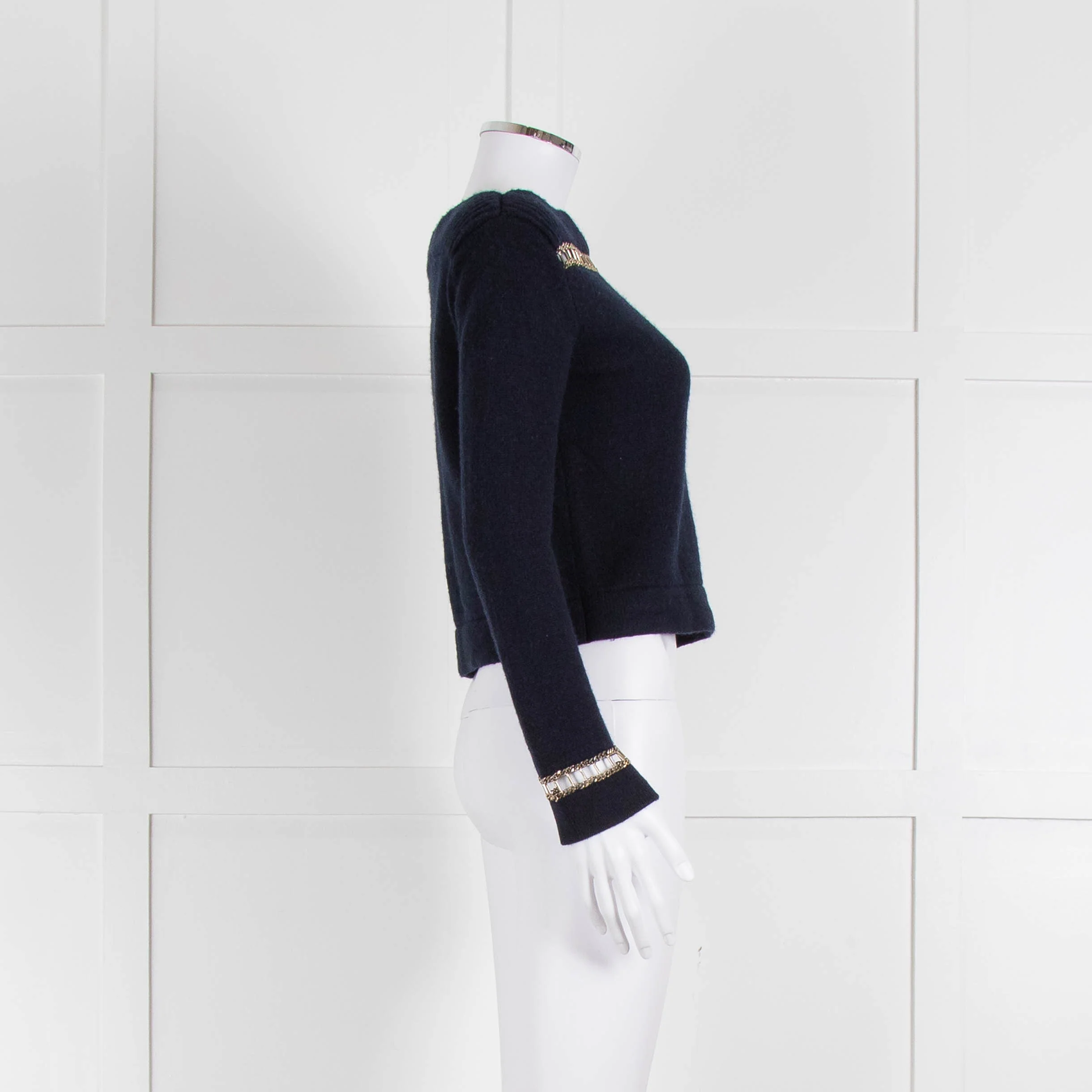 Chanel Navy Cashmere Gold Chain Detail Sweater - Image 3