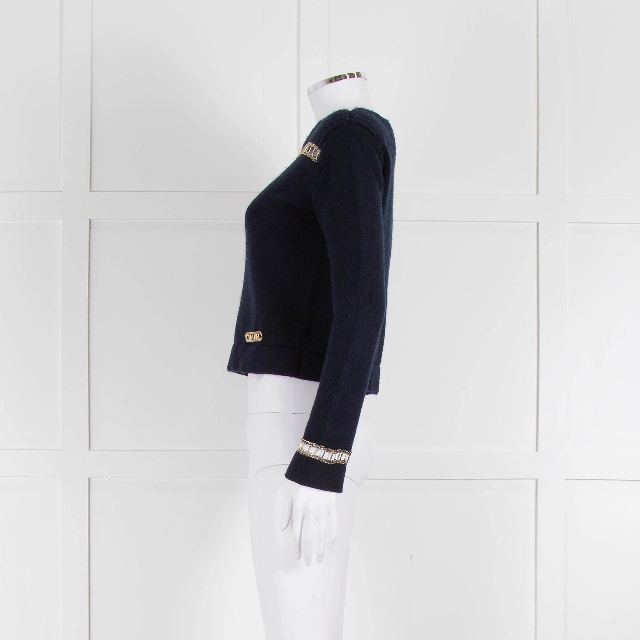 Chanel Navy Cashmere Gold Chain Detail Sweater - Image 7