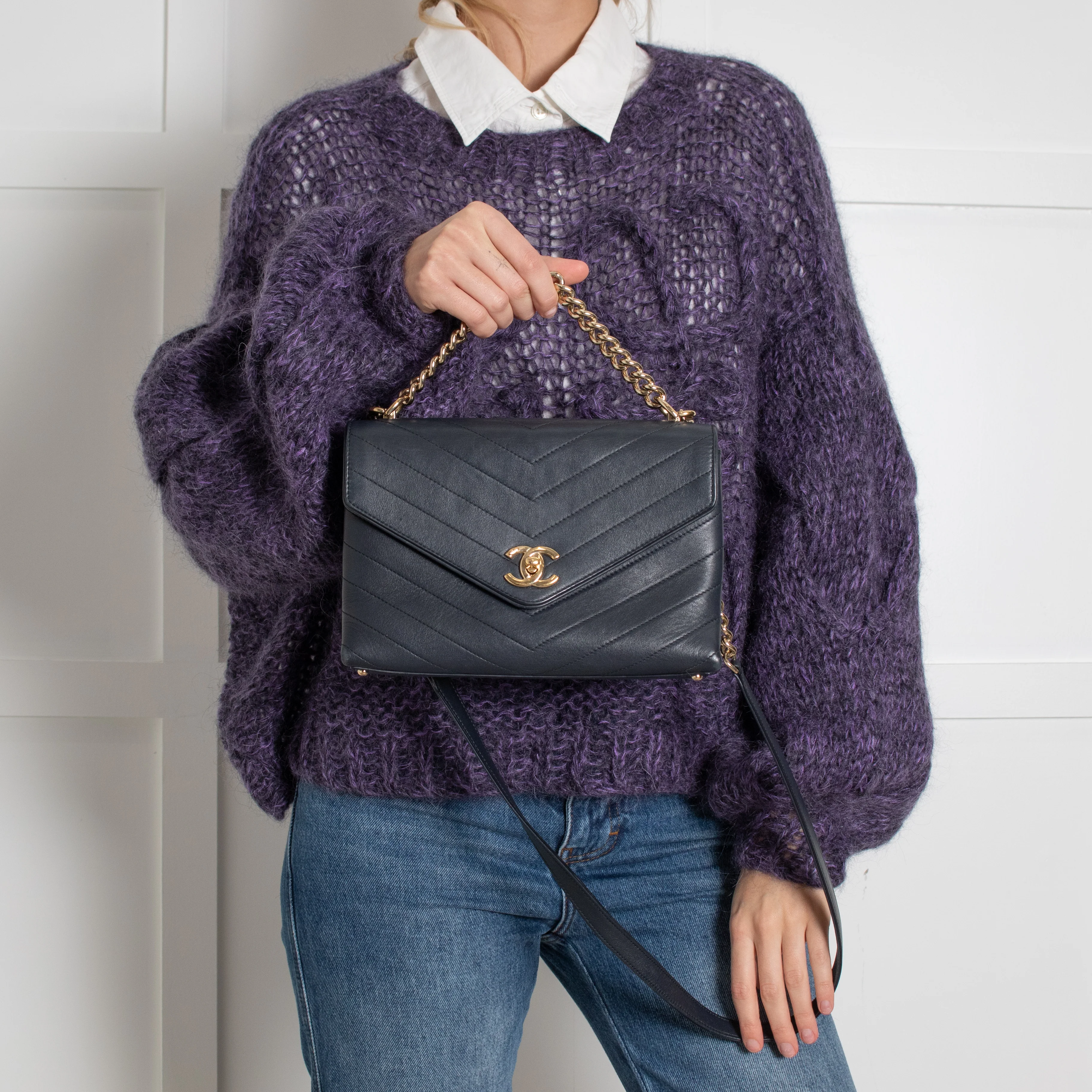 Chanel Navy Chevron Flap Crossbody Bag - Image 2