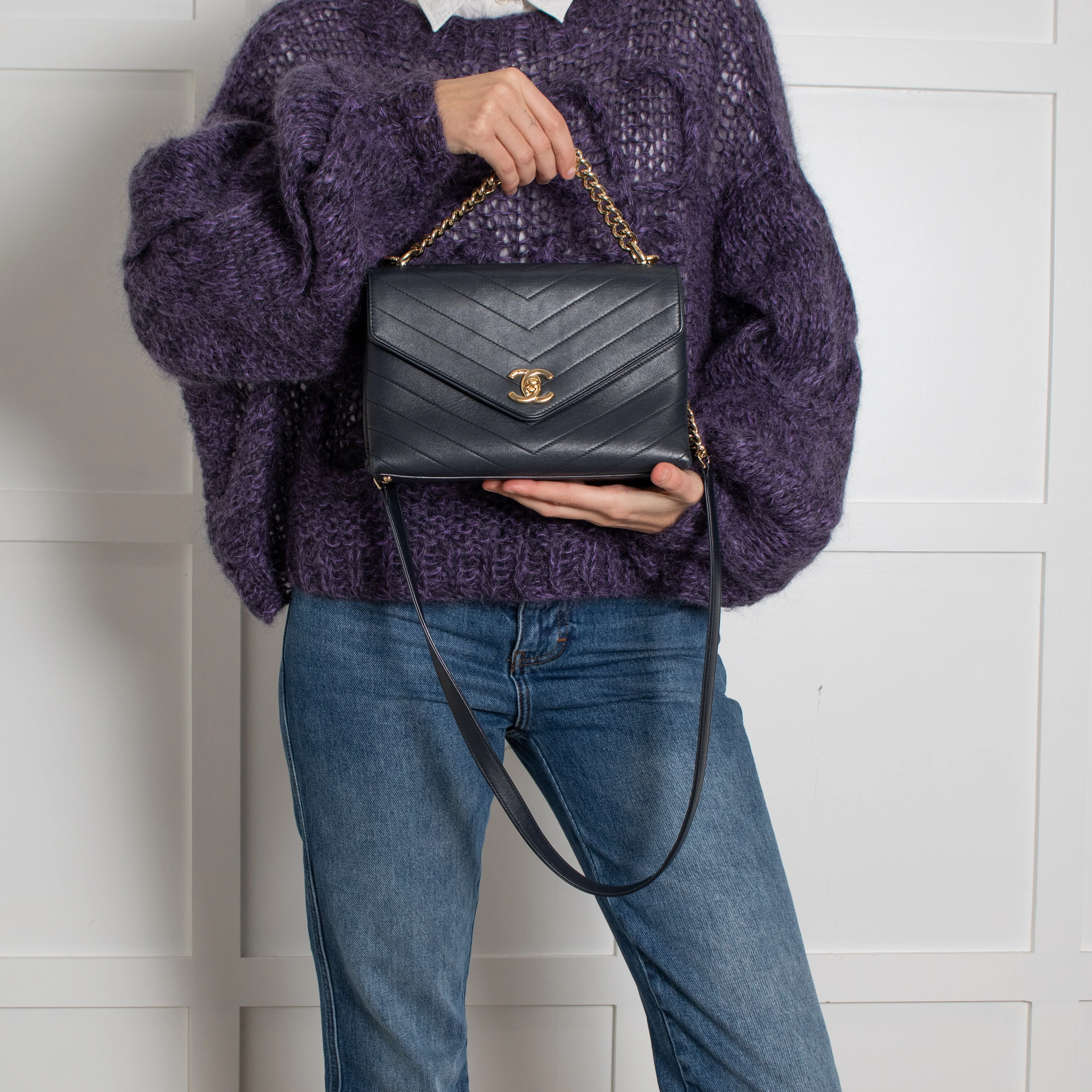 Chanel Navy Chevron Flap Crossbody Bag - Image 6