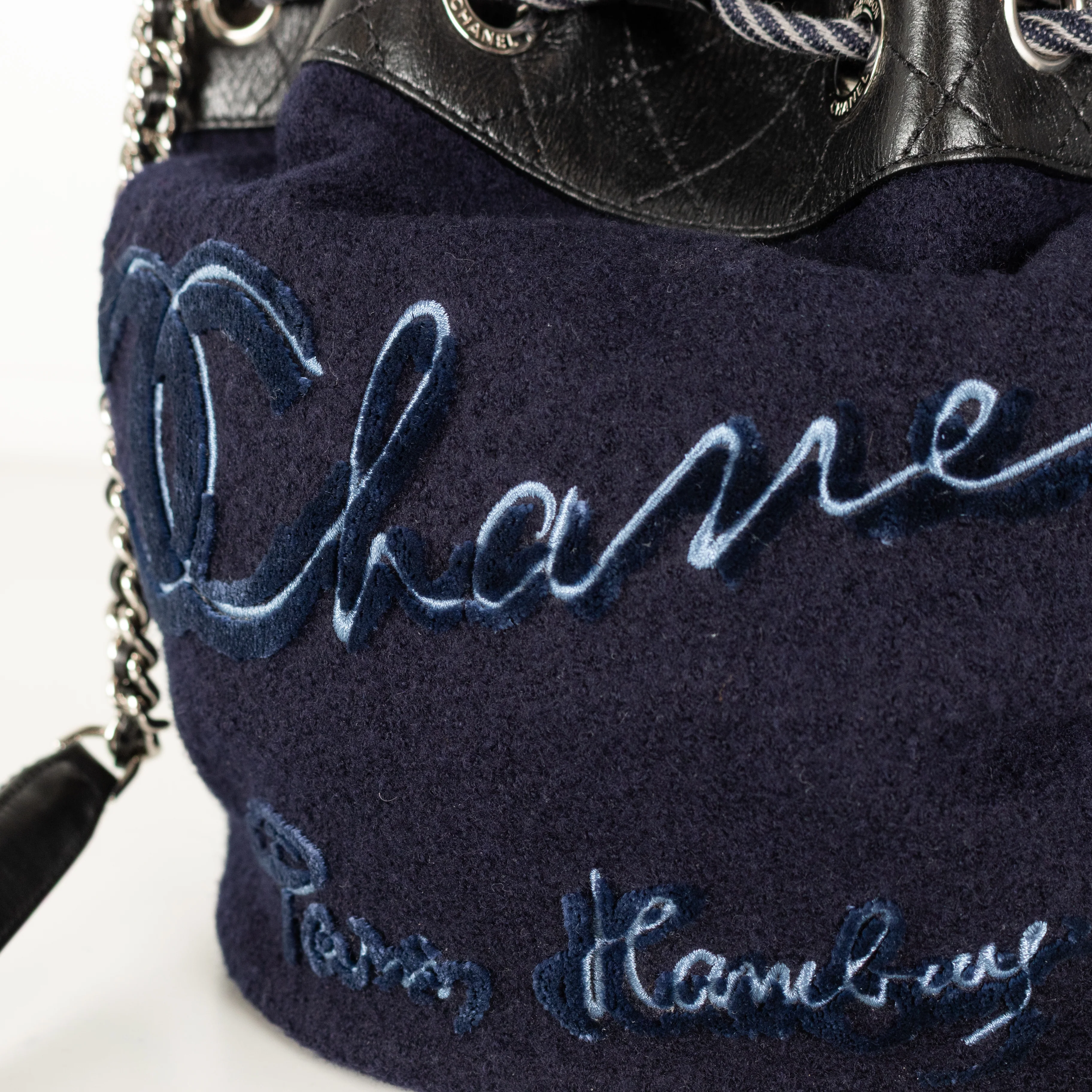 Chanel Navy Felt Black Leather Trim Paris Hamburg Bucket Bag - Image 14