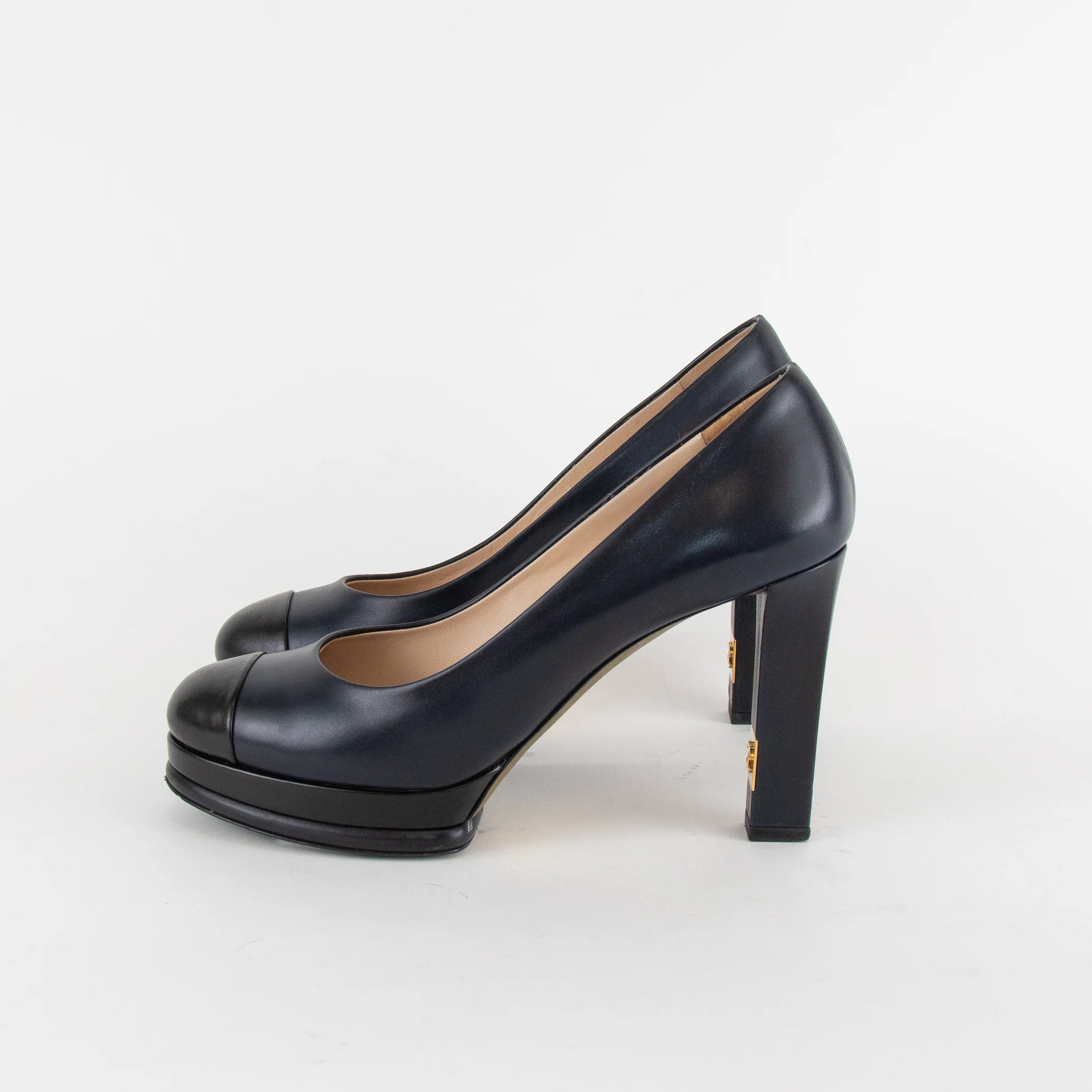 Chanel Navy Leather Platform Heels with Black Toe Cap - Image 3