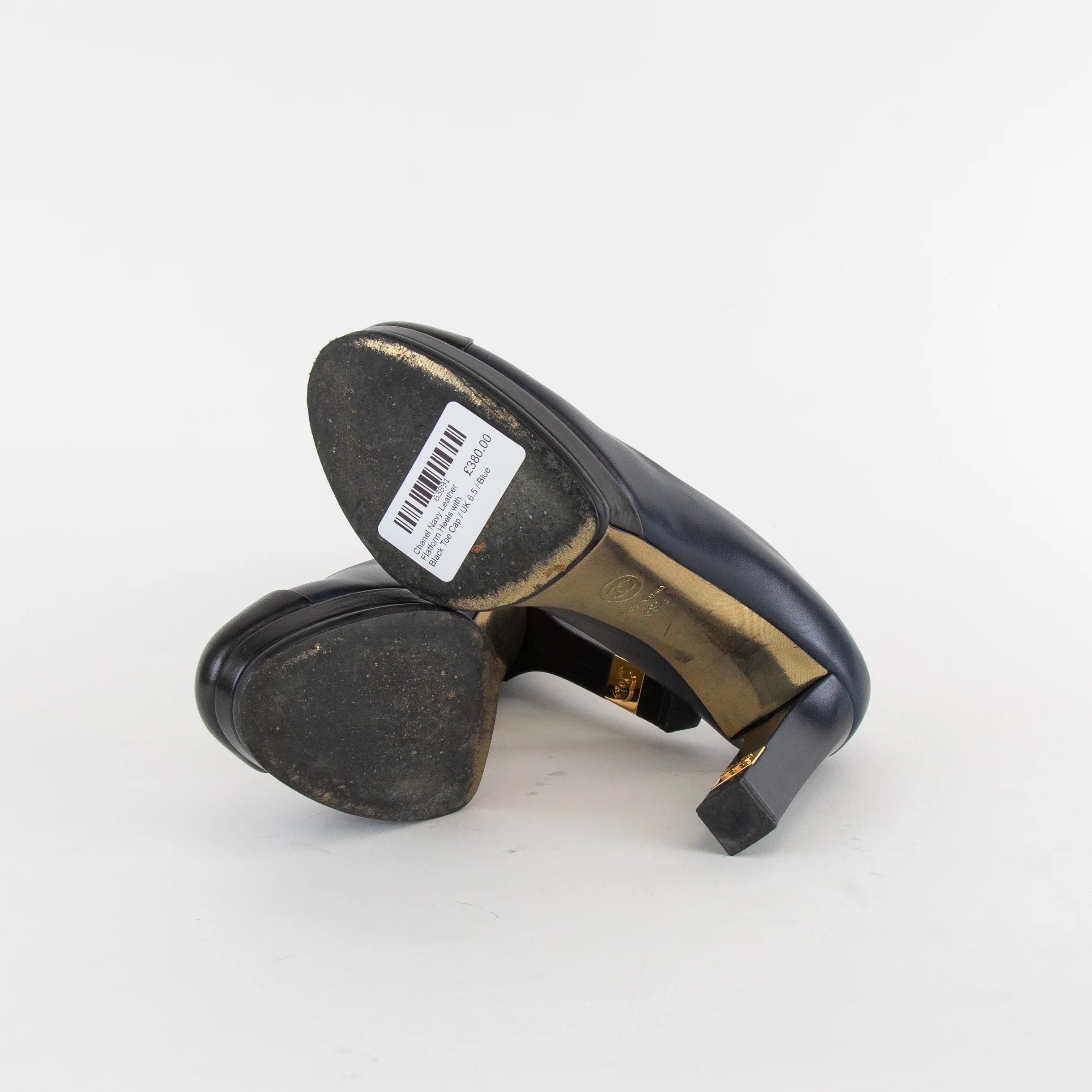 Chanel Navy Leather Platform Heels with Black Toe Cap - Image 5