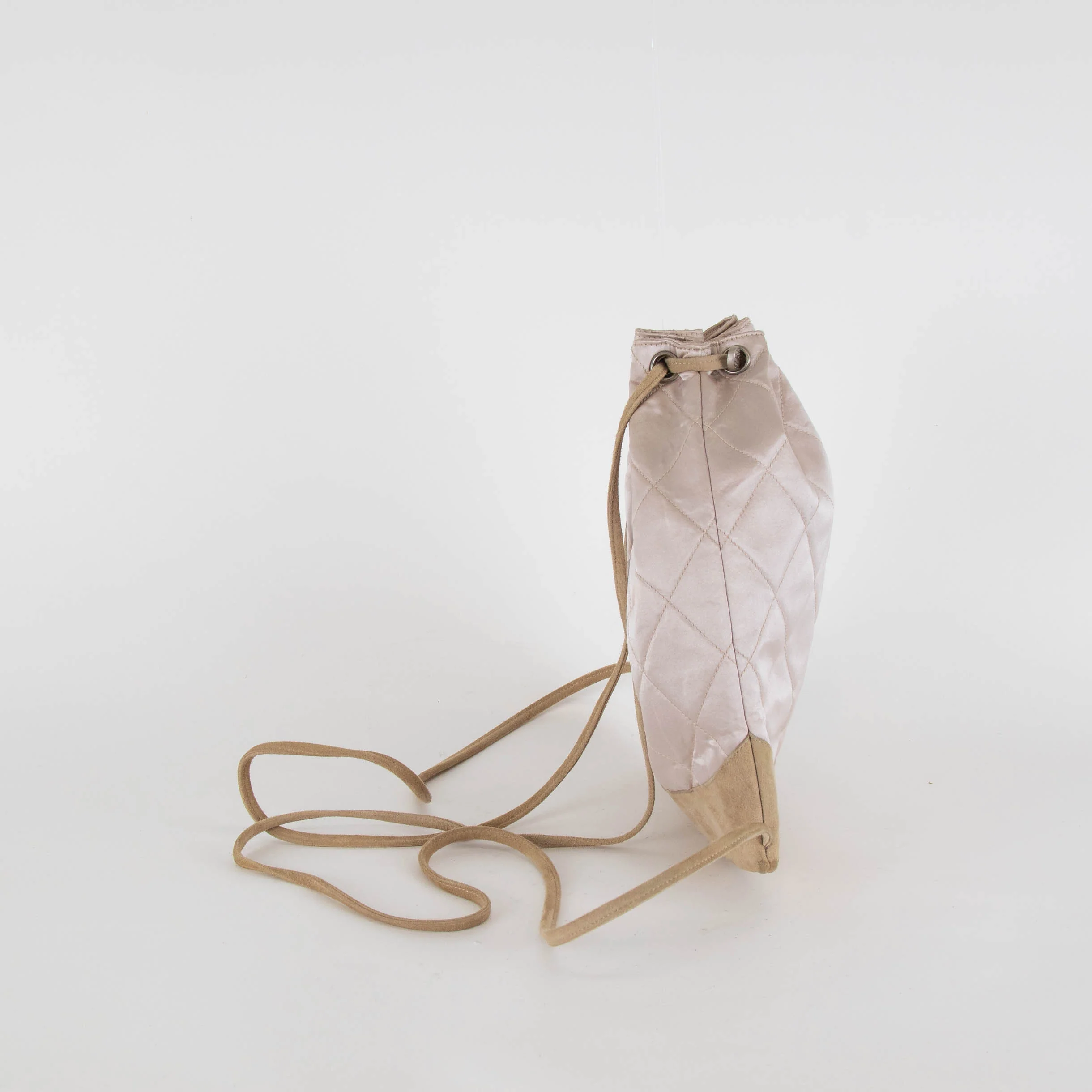 Chanel Pale Pink Satin Beige Suede Trim Quilted Backpack - Image 3