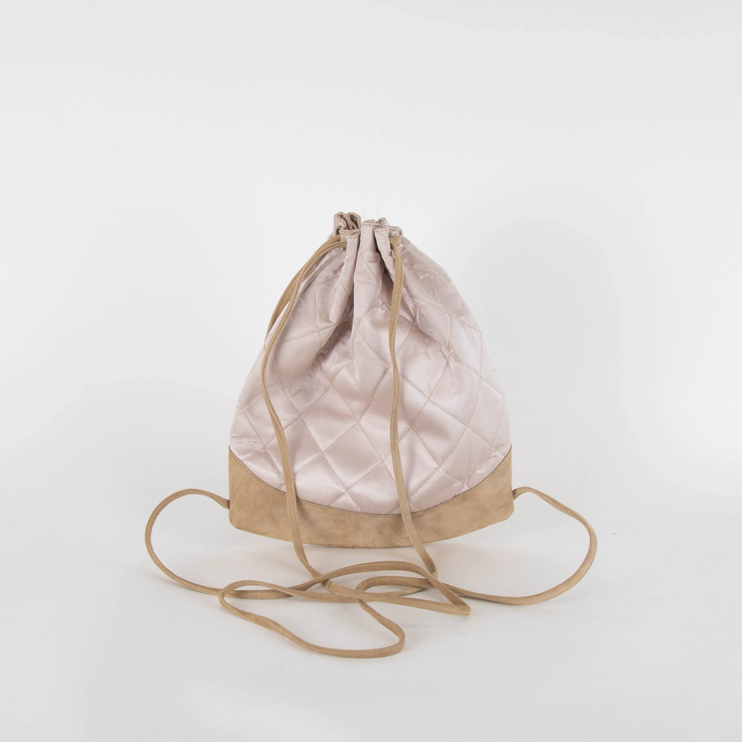 Chanel Pale Pink Satin Beige Suede Trim Quilted Backpack - Image 4