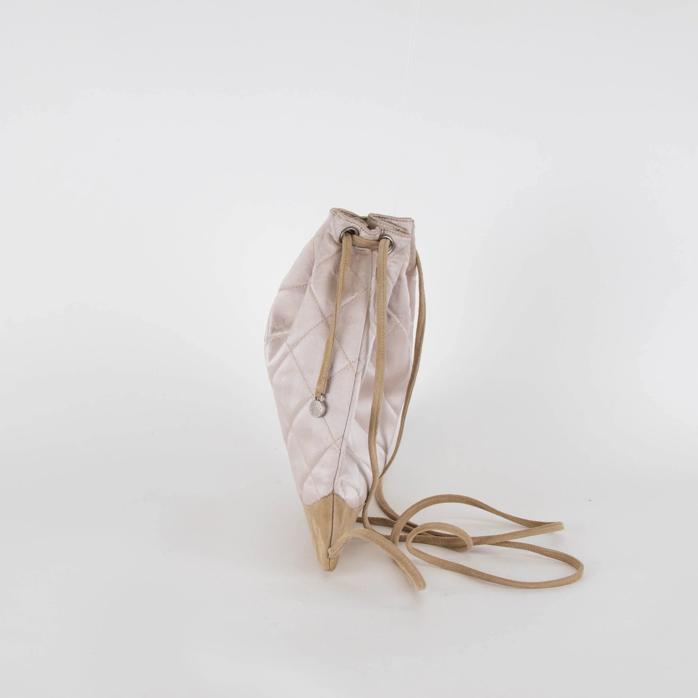 Chanel Pale Pink Satin Beige Suede Trim Quilted Backpack - Image 5