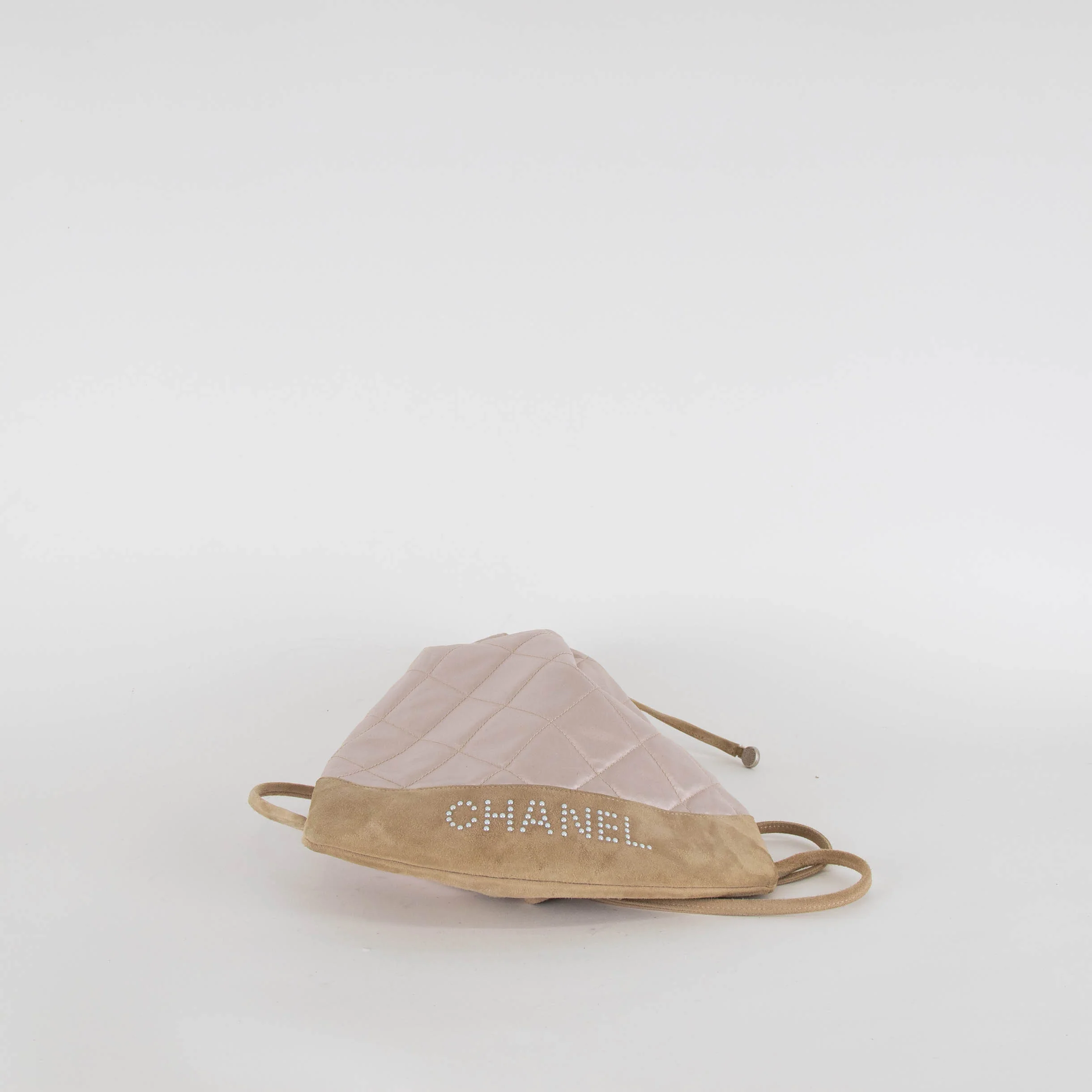 Chanel Pale Pink Satin Beige Suede Trim Quilted Backpack - Image 6