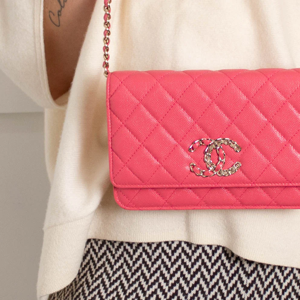 Chanel Pink Caviar Leather Wallet On Chain - Image 7