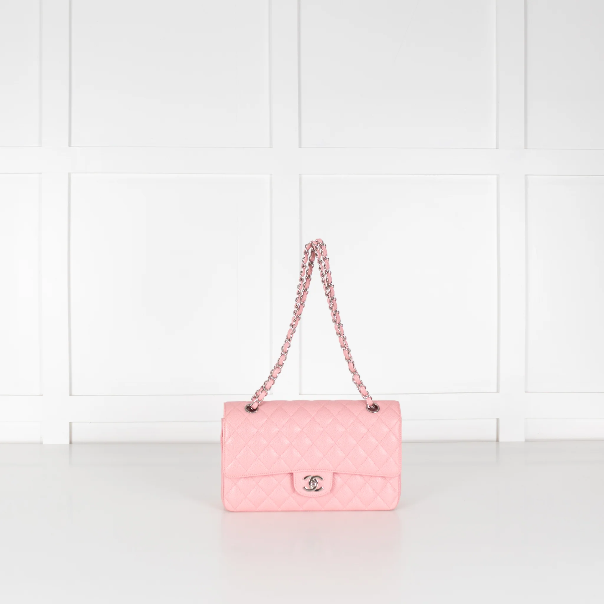 Chanel Pink Caviar Medium Flap Bag with Silver Hardwear