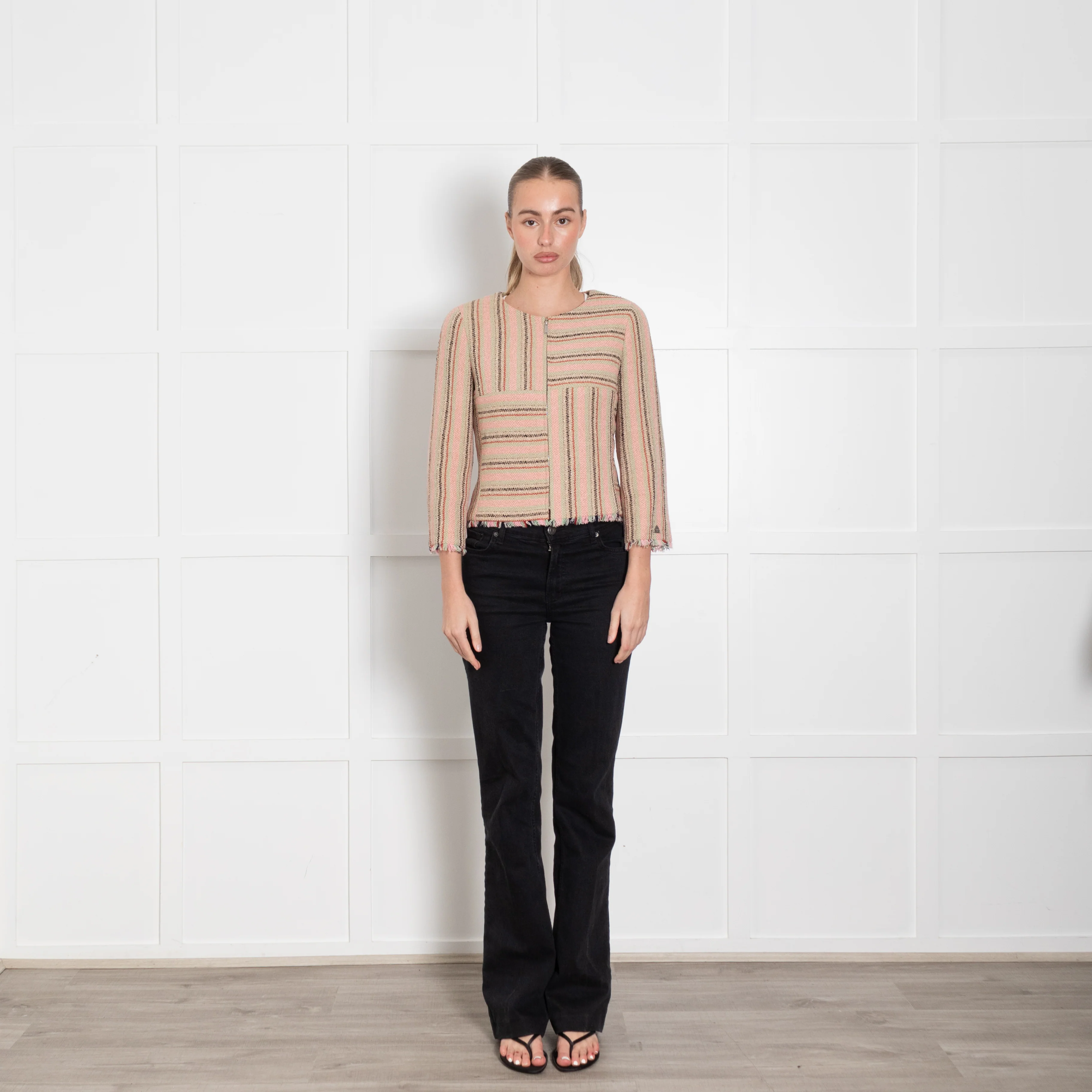 Chanel Pink Green Beige Striped Raw Hem Jacket