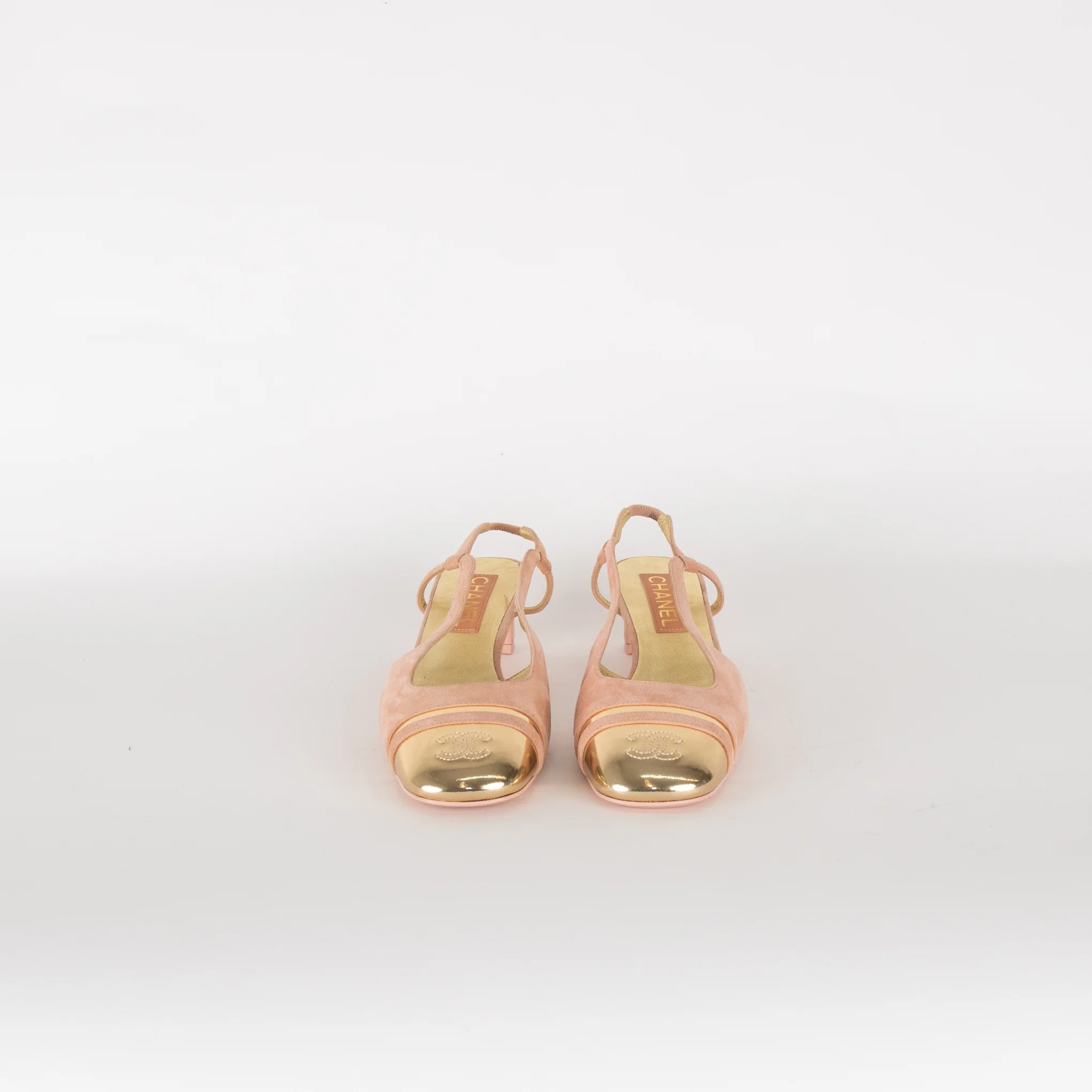 Chanel Pink Suede Block Heel Slingback with Gold Toe Cap - Image 3