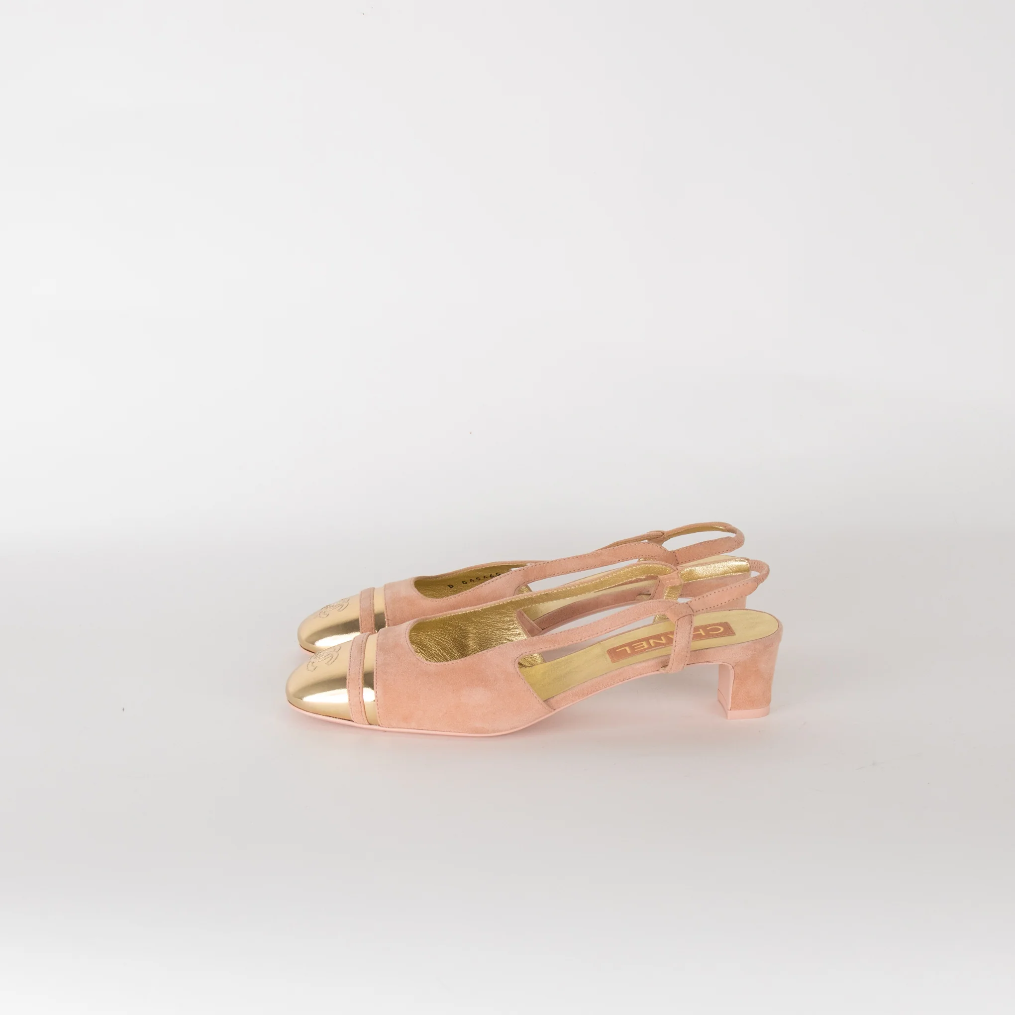 Chanel Pink Suede Block Heel Slingback with Gold Toe Cap - Image 4