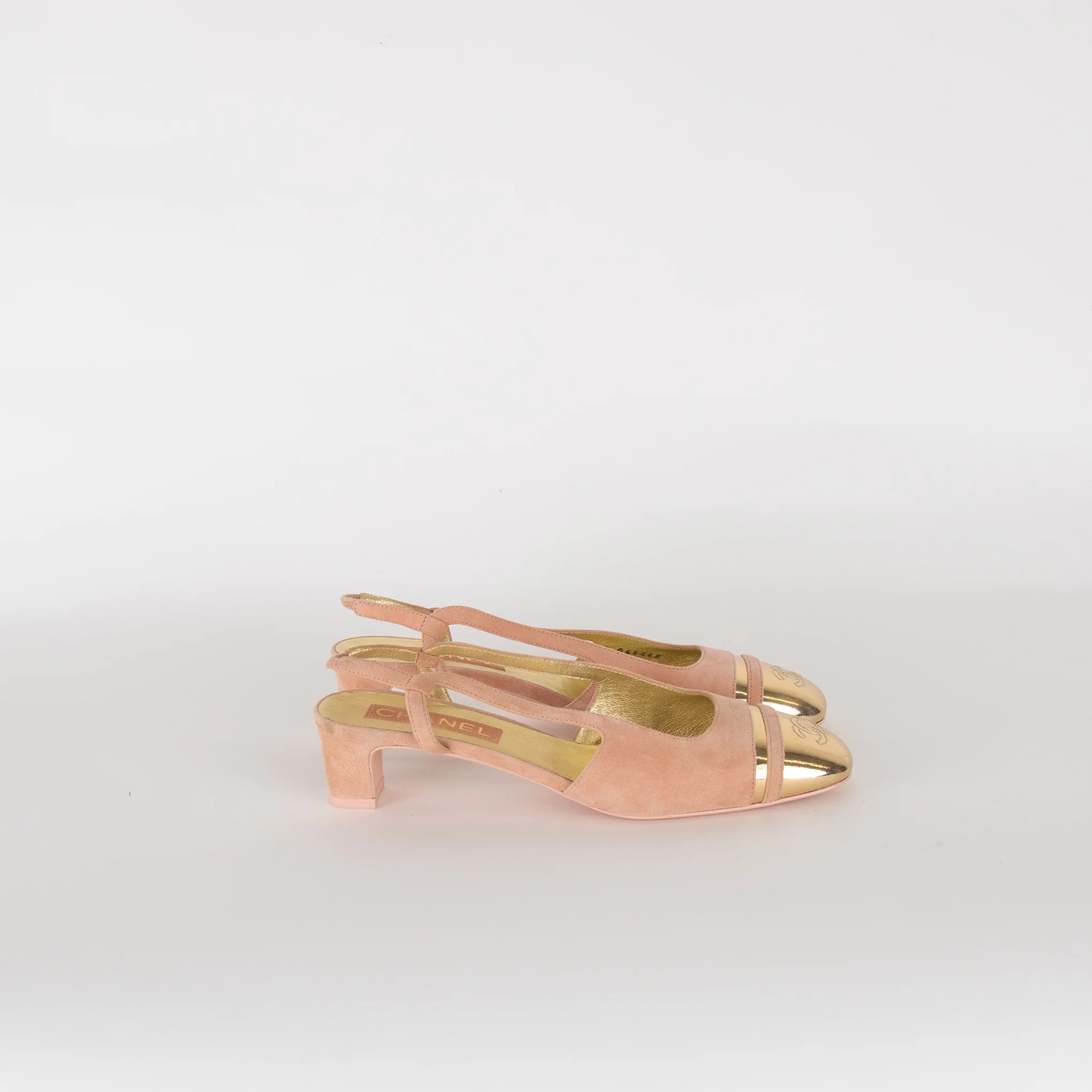 Chanel Pink Suede Block Heel Slingback with Gold Toe Cap - Image 5