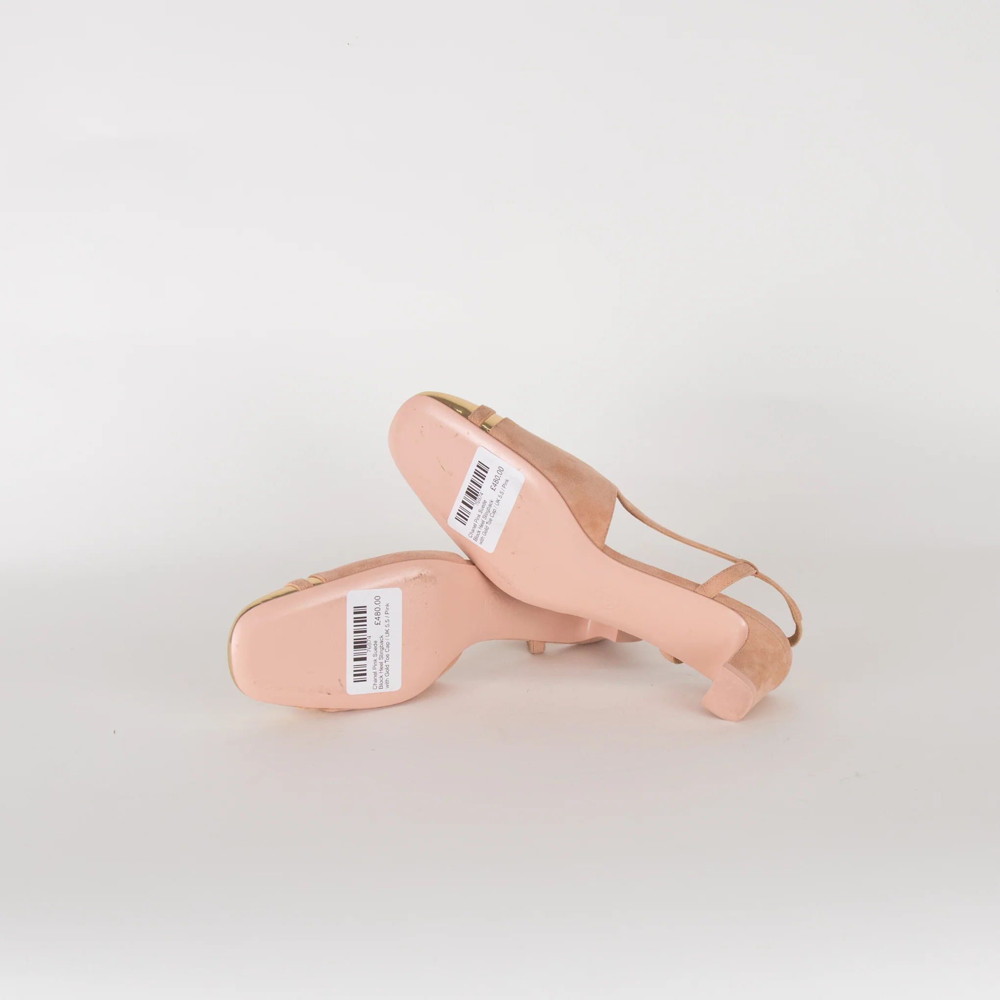 Chanel Pink Suede Block Heel Slingback with Gold Toe Cap - Image 6