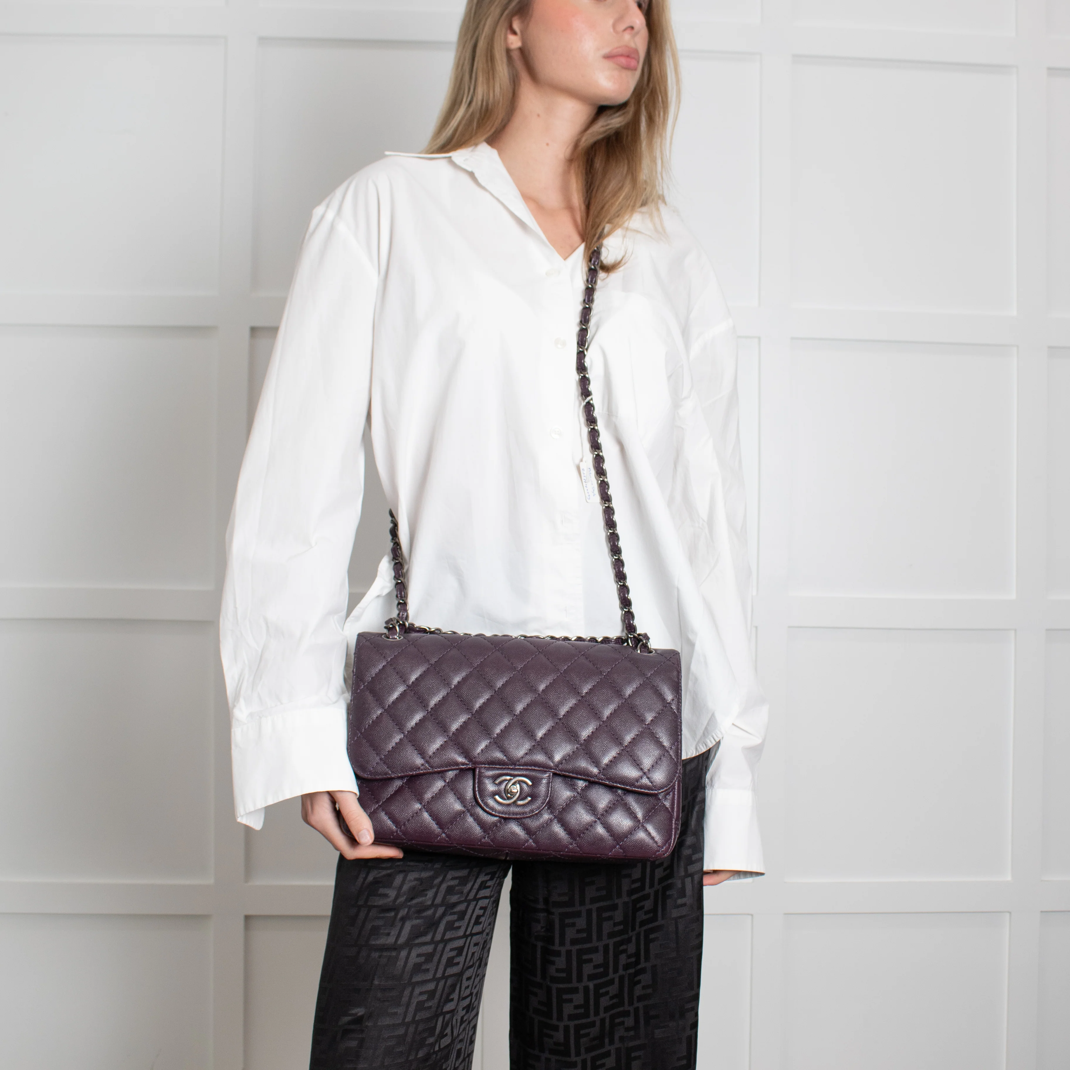 Chanel Purple Jumbo Caviar Flap Bag - Image 6