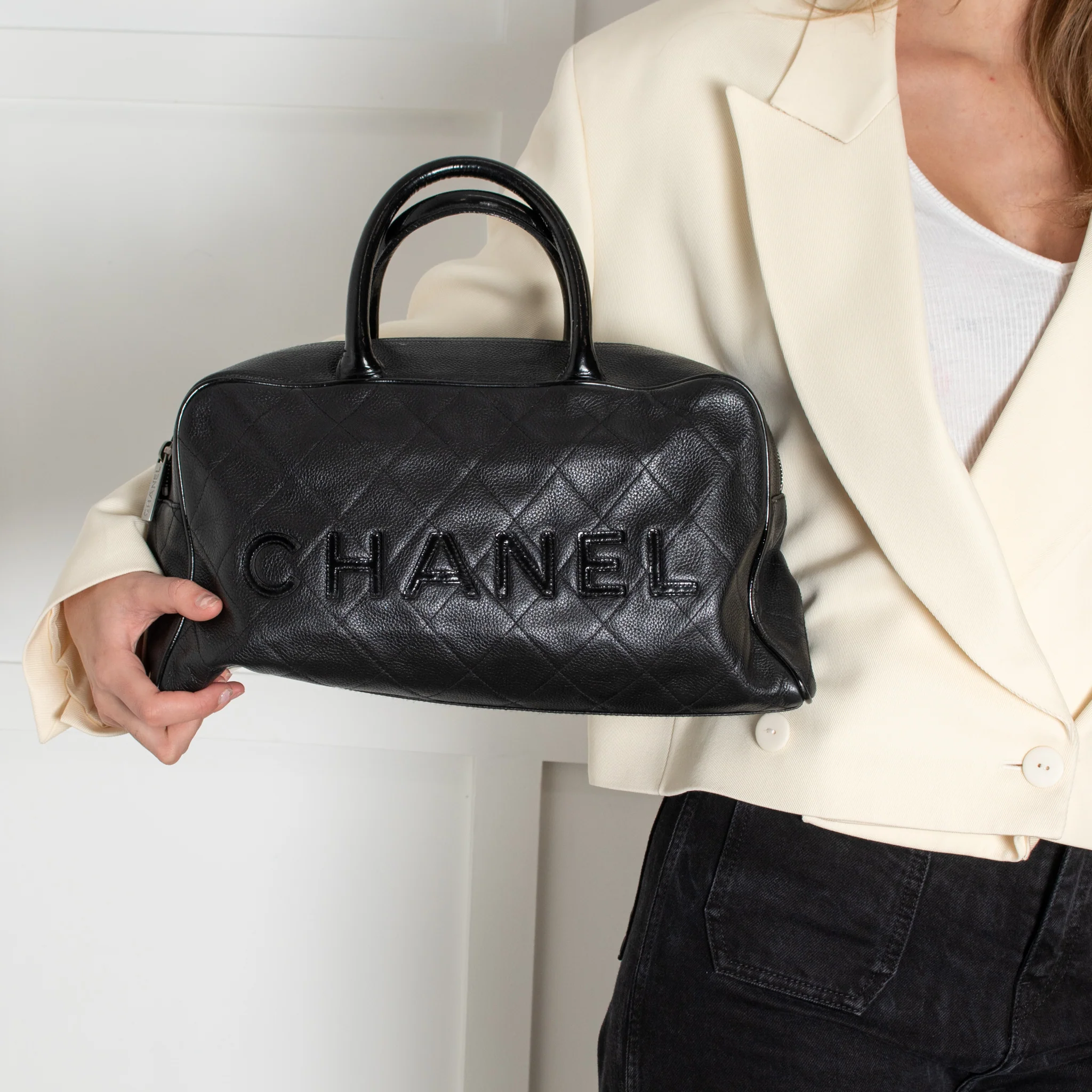 Chanel Quilted Black Caviar Logo Bowler Bag - Image 2