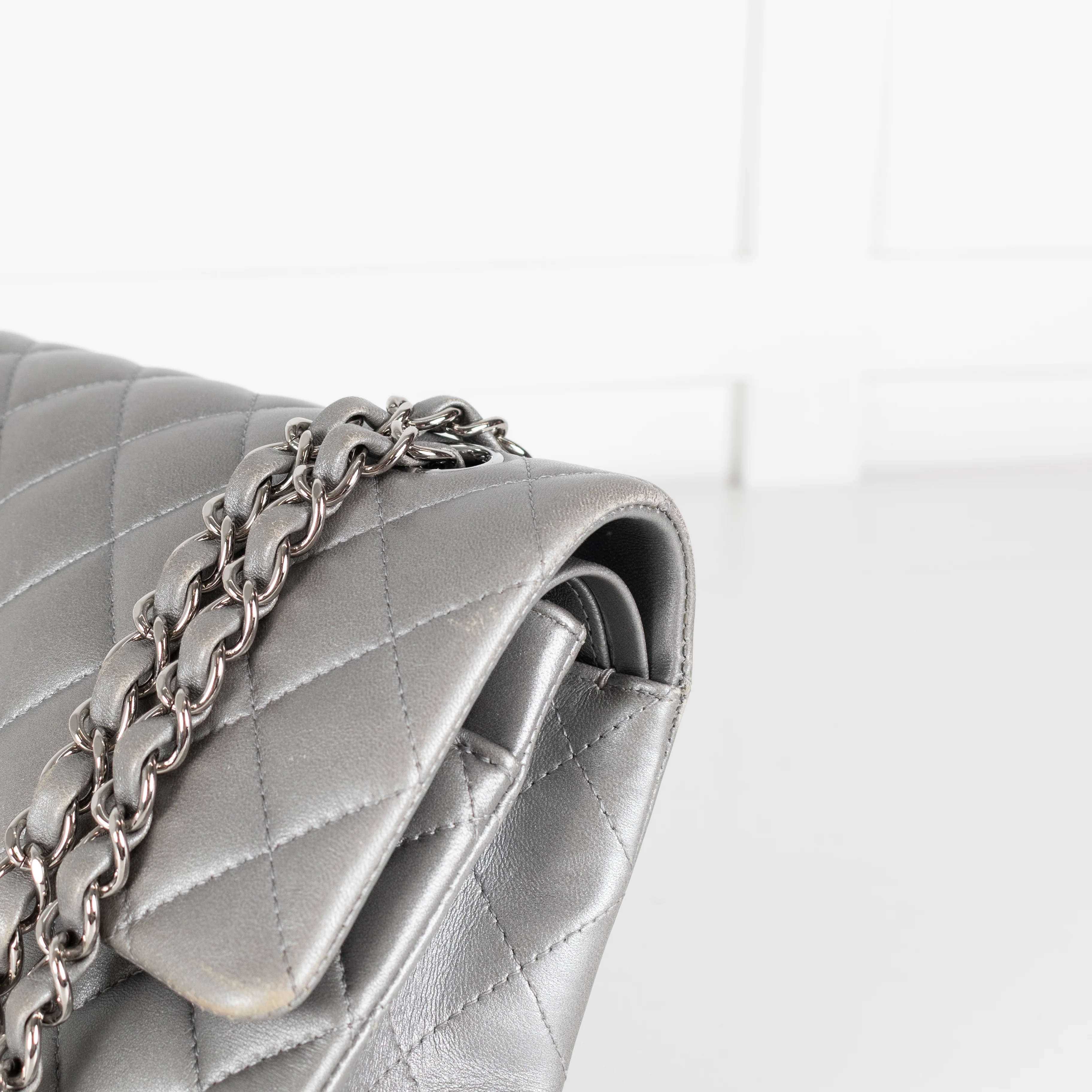 Chanel Quilted Silver Lambskin Medium Classic Flap - Image 11
