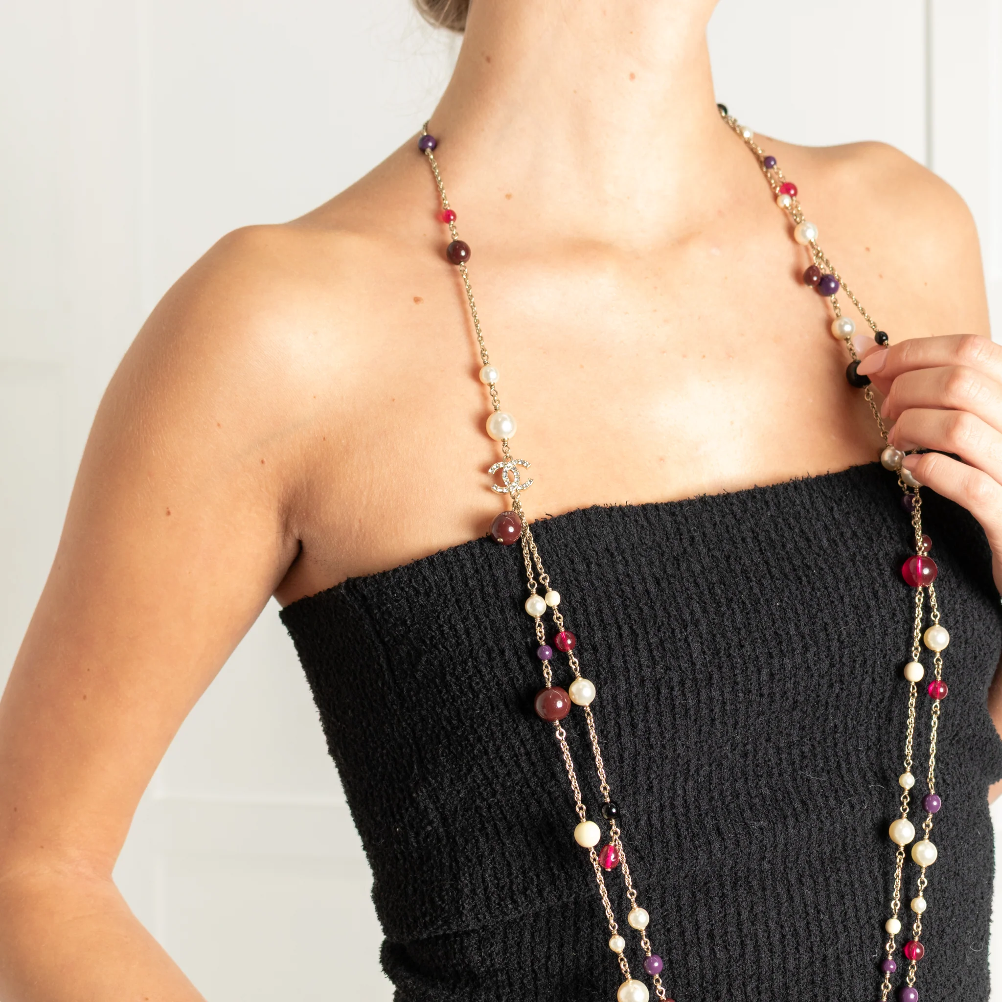 Chanel Red Cream bead Diamante CC Double Strand Long Necklace - Image 2