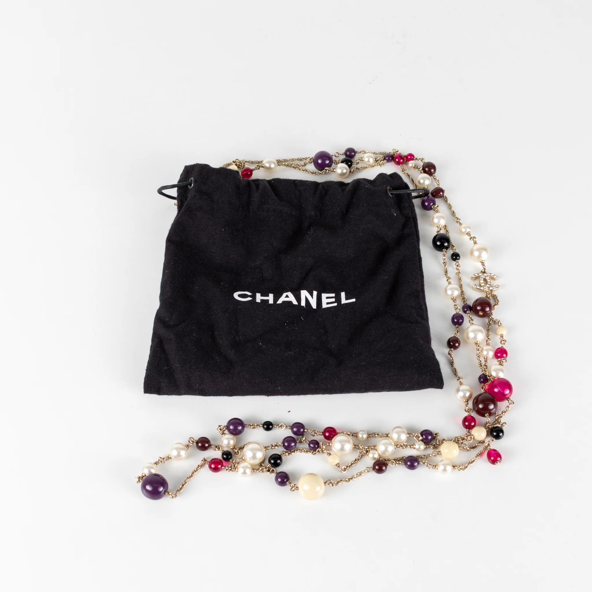 Chanel Red Cream bead Diamante CC Double Strand Long Necklace - Image 3