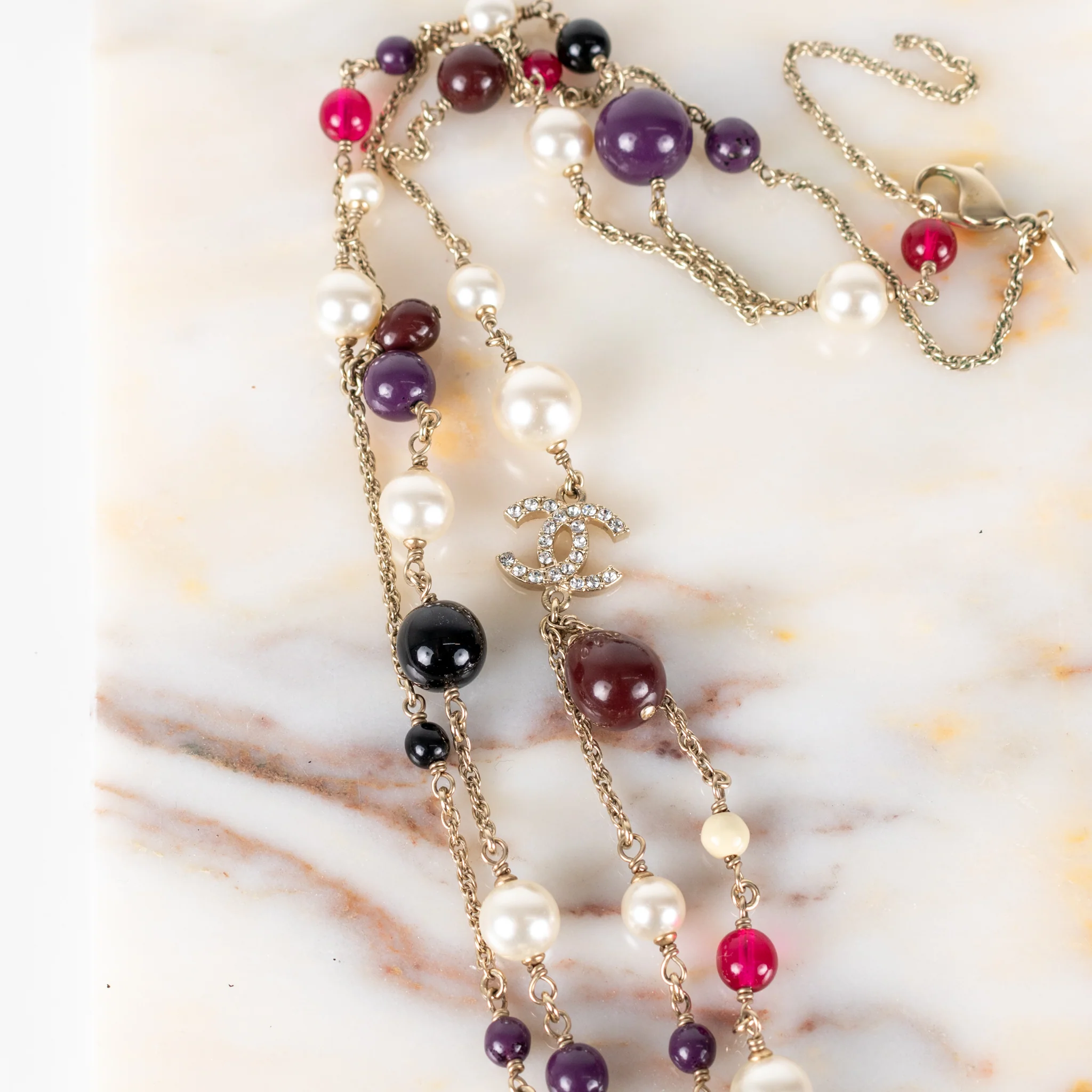 Chanel Red Cream bead Diamante CC Double Strand Long Necklace - Image 4