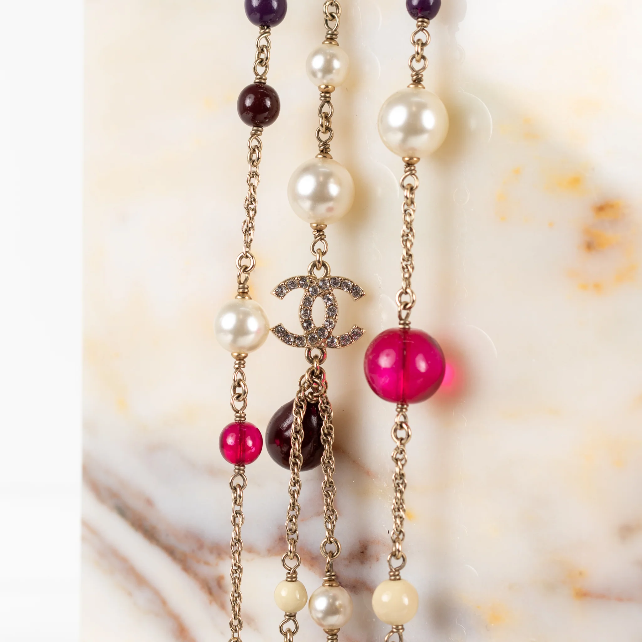 Chanel Red Cream bead Diamante CC Double Strand Long Necklace - Image 5