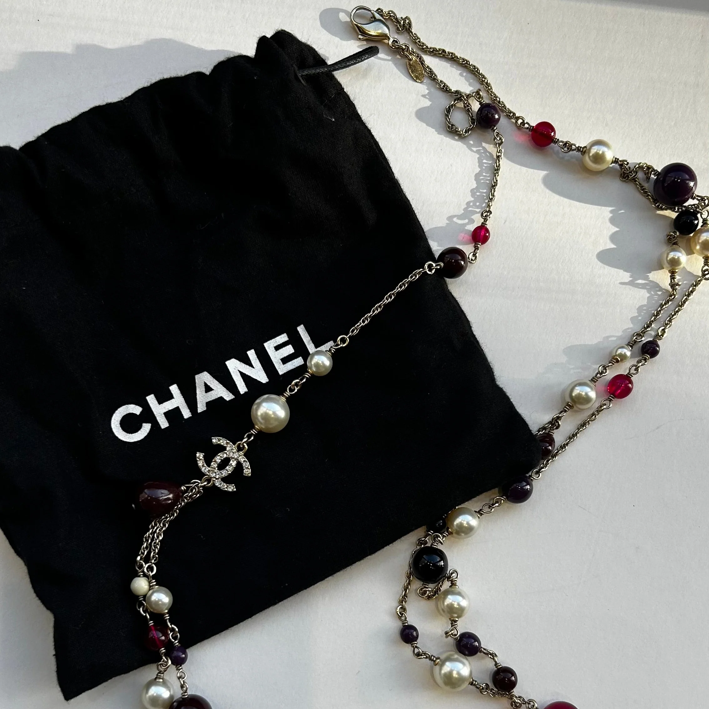 Chanel Red Cream bead Diamante CC Double Strand Long Necklace - Image 6