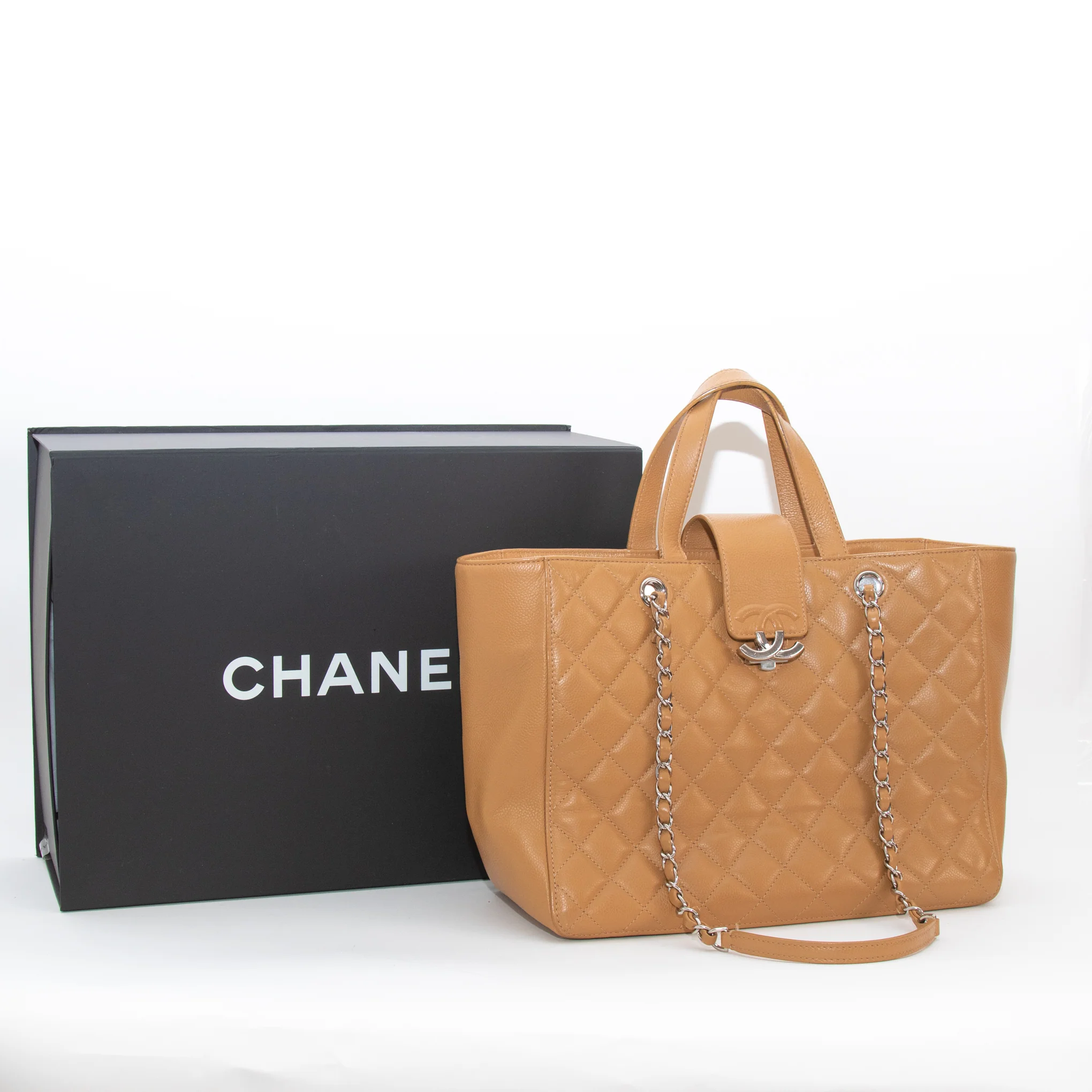 Chanel Tan Caviar CC Box Large Quilted Tote - Image 4