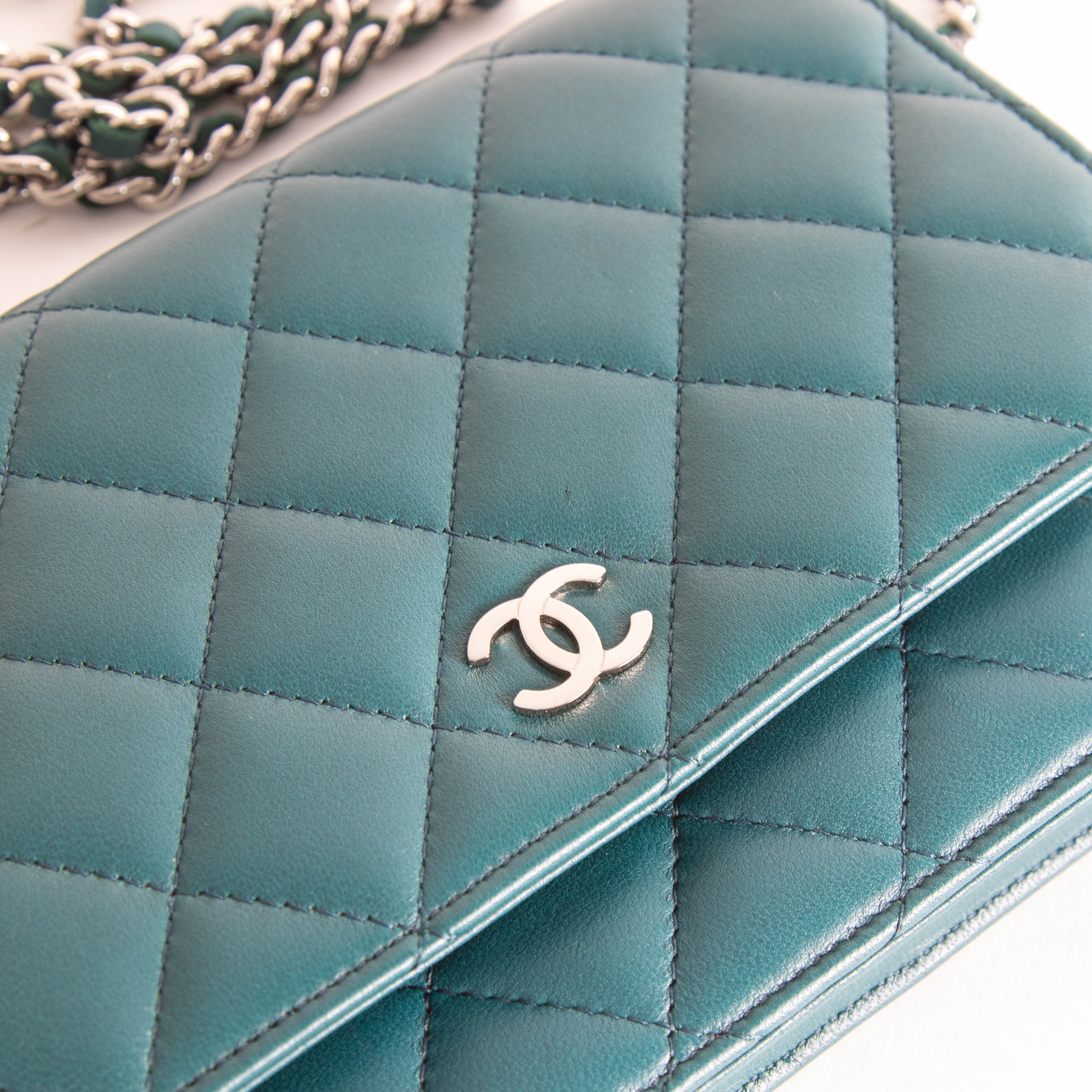 Chanel Teal Blue Green Lambskin Wallet On Chain - Image 9