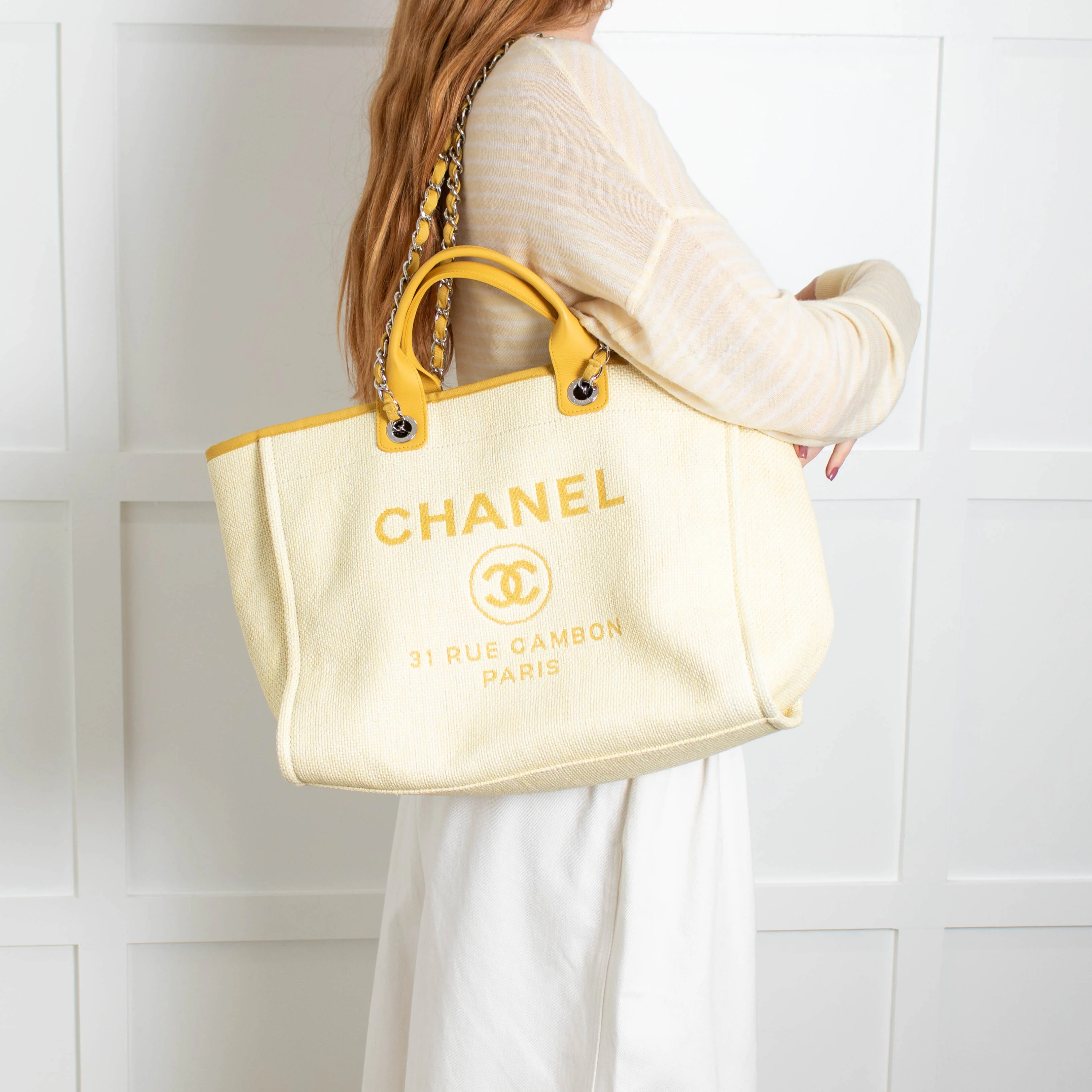 Chanel Yellow Raffia Deauville Two-Way Tote Bag - Image 4