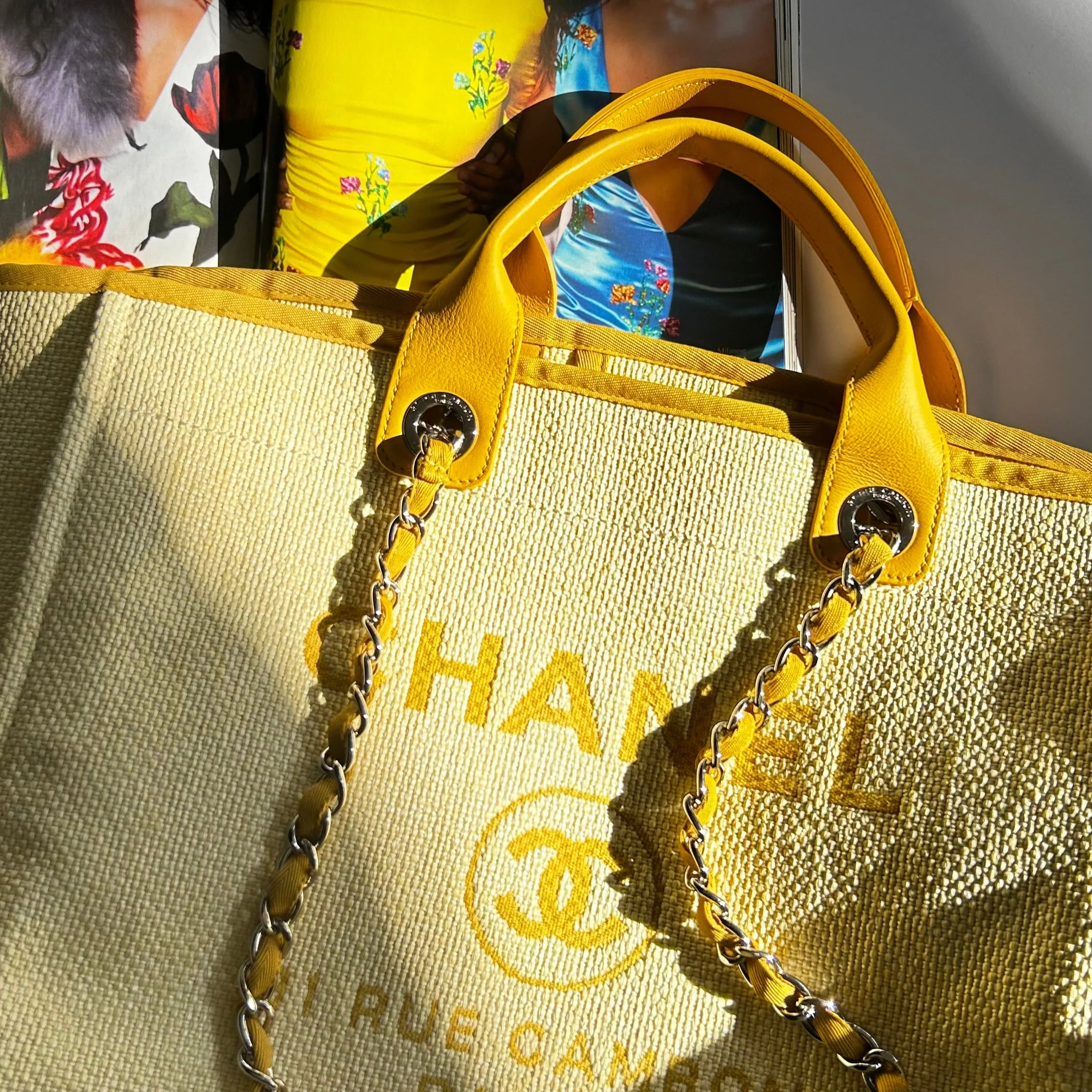 Chanel Yellow Raffia Deauville Two-Way Tote Bag - Image 9
