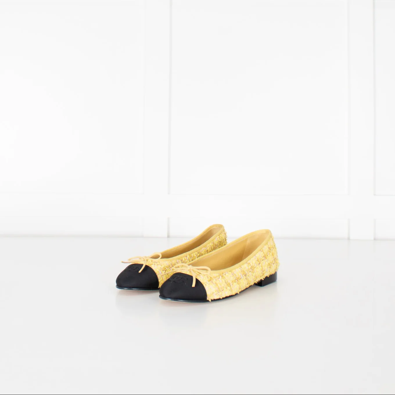 Chanel Yellow Tweedy Black Toe Ballerina Shoes